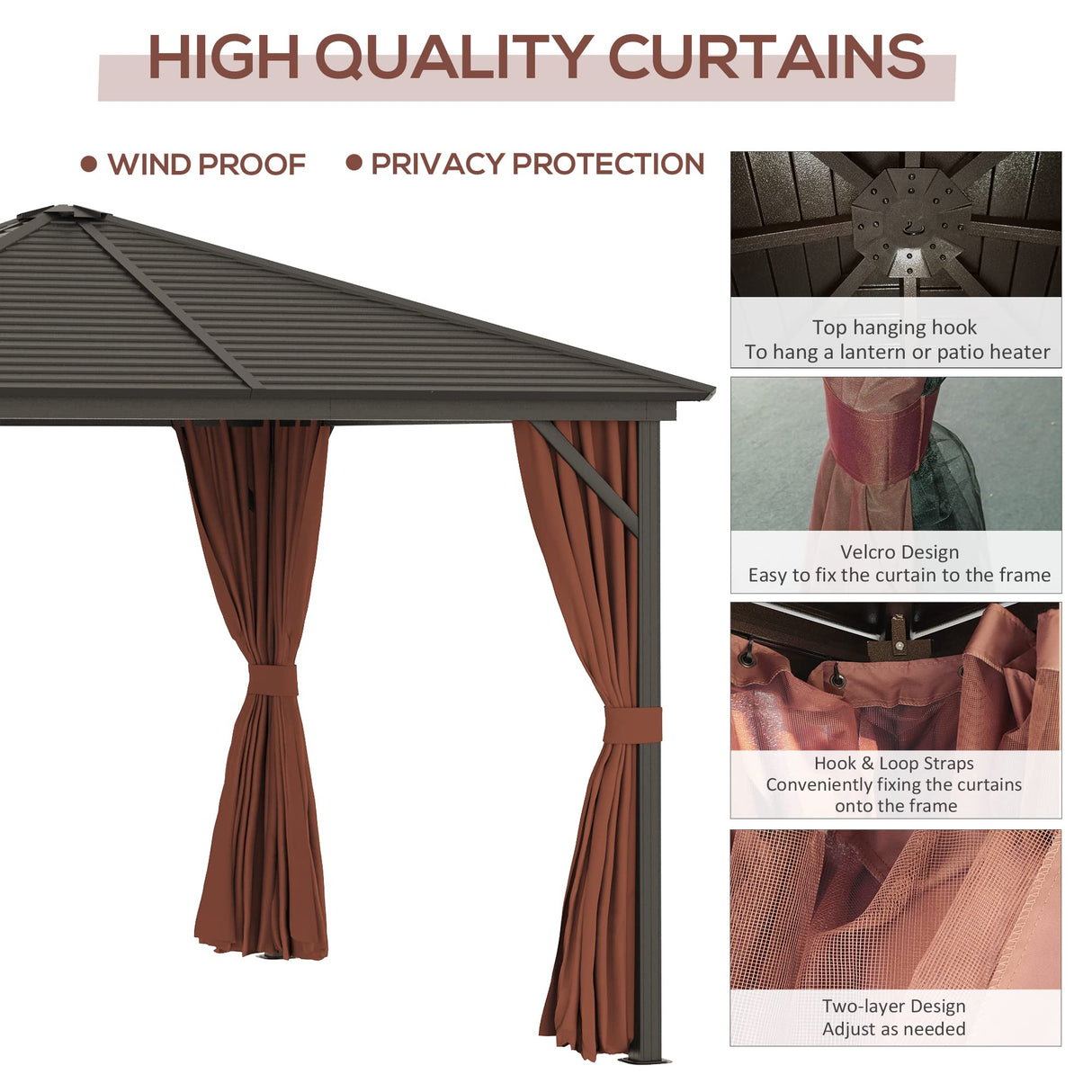 Outsunny 10' x 10' Hardtop Gazebo with Curtains and Netting, Permanent Pavilion Metal Single Roof Gazebo Canopy with Aluminum Frame and Hooks, for Garden, Patio, Backyard, Dark Brown Outsunny