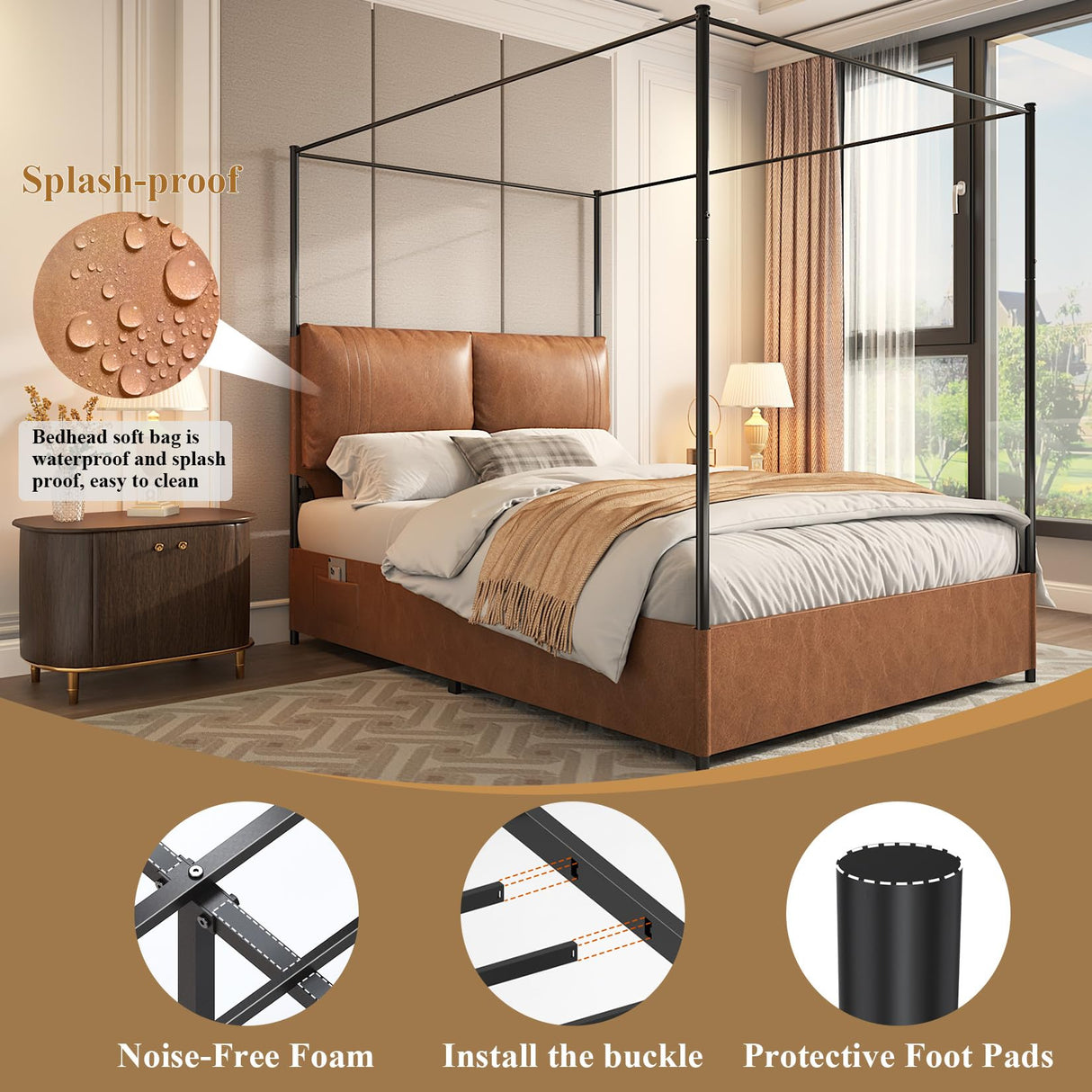 Canopy Bed Frame Queen Size with Upholstered Headboard, Tall Four Poster Metal Platform Bed, Easy to Assemble, No Box Spring Needed, Brown QNICE