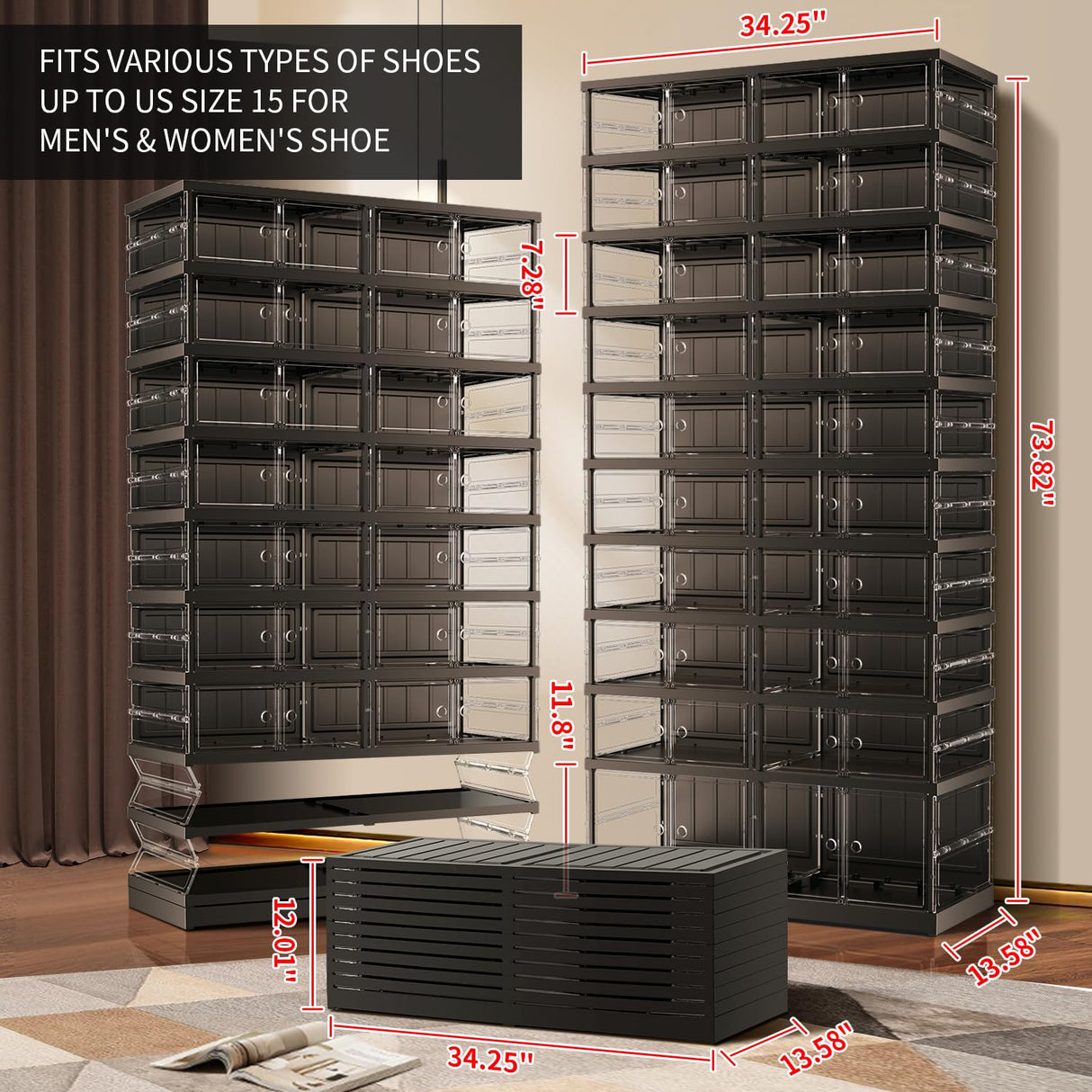 EHAMILY 10 Tiers 20-40 Pairs Foldable Shoe Boxes Large Plastic Shoe Storage Rack Collapsible Shoe Organizer for Closet Clear Stackable Shoes Shelf Storage Cabinet with Doors Quick Assembly Black EHAMILY