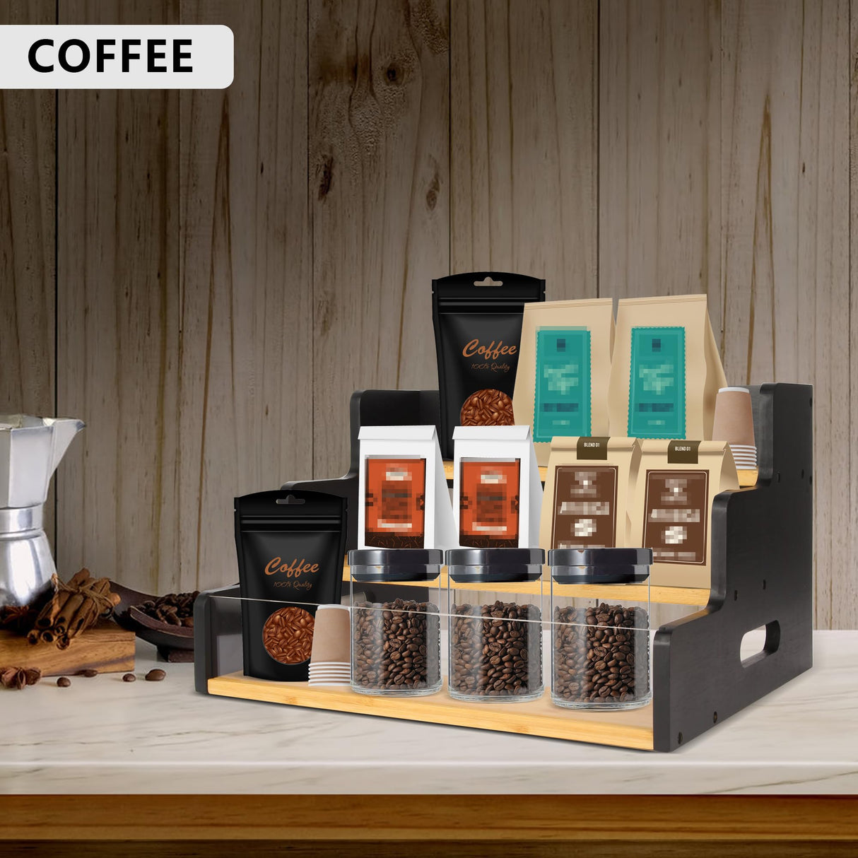 Liquor Bottle Display Shelf, 3 Step Countertop Liquor Wine Rack, Coffee Bar Station Spice Rack Organizer 3-in-1,Bar Bottle Shelves for Liquor Whiskey Wine Coffee Syrup Display, Retro Wine Rack Home smocchy