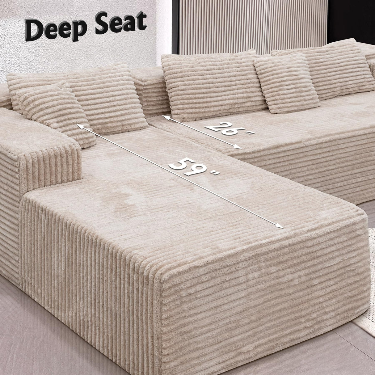Boneless Modular Sectional Sofa, Cloud Couch with Left Facing Chaise, Oversized Deep Seat, L-Shaped, Soft Corduroy Fabric, Sectional Couch for Living Room -Beige NMXUXMN