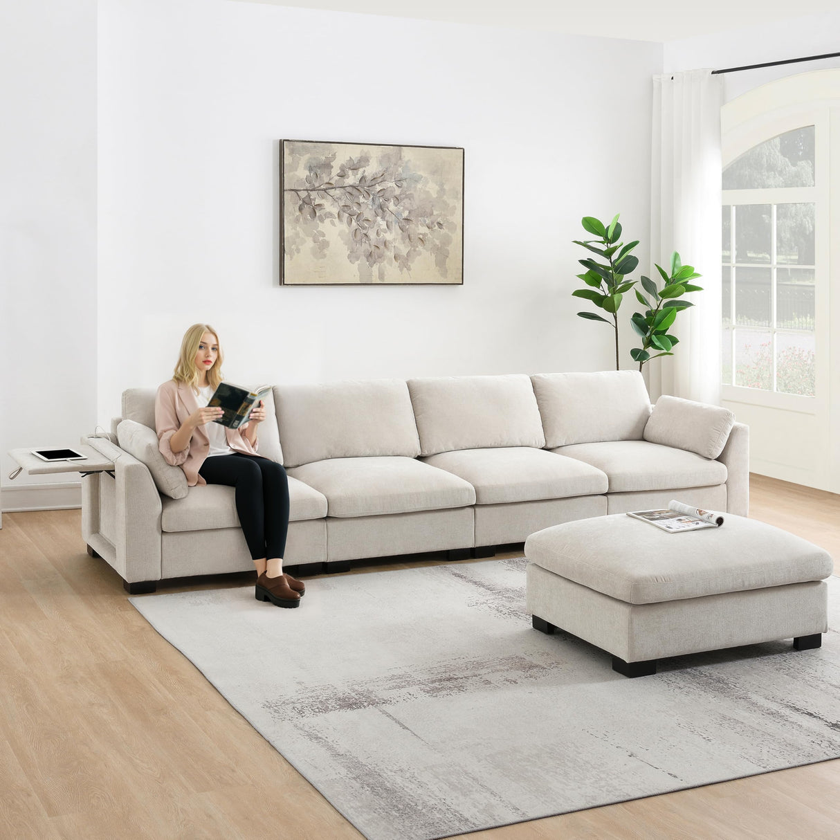 Ball & Cast Oversized Modular L Shaped Sectional Sofa W/Movable Ottoman and USB Ports,5 Seater Chenille Couch W/ 2 Armrest Pillows,Side Pocket & Folding Table,for Living Room,Apartment,Beige,130" Ball & Cast