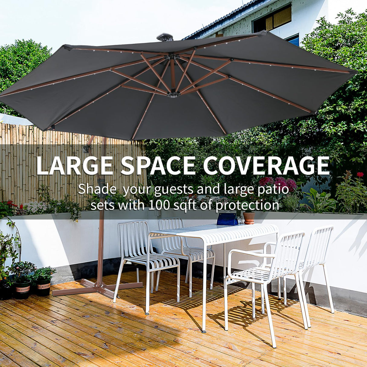 EchoSmile 10FT Solar Cantilever Patio Umbrella with 32 LED Lights and 8 Ribs, Cross Base, Tilt Adjustment, UV-resistant fabric for Deck, Pool, Garden, Backyard, Black EchoSmile