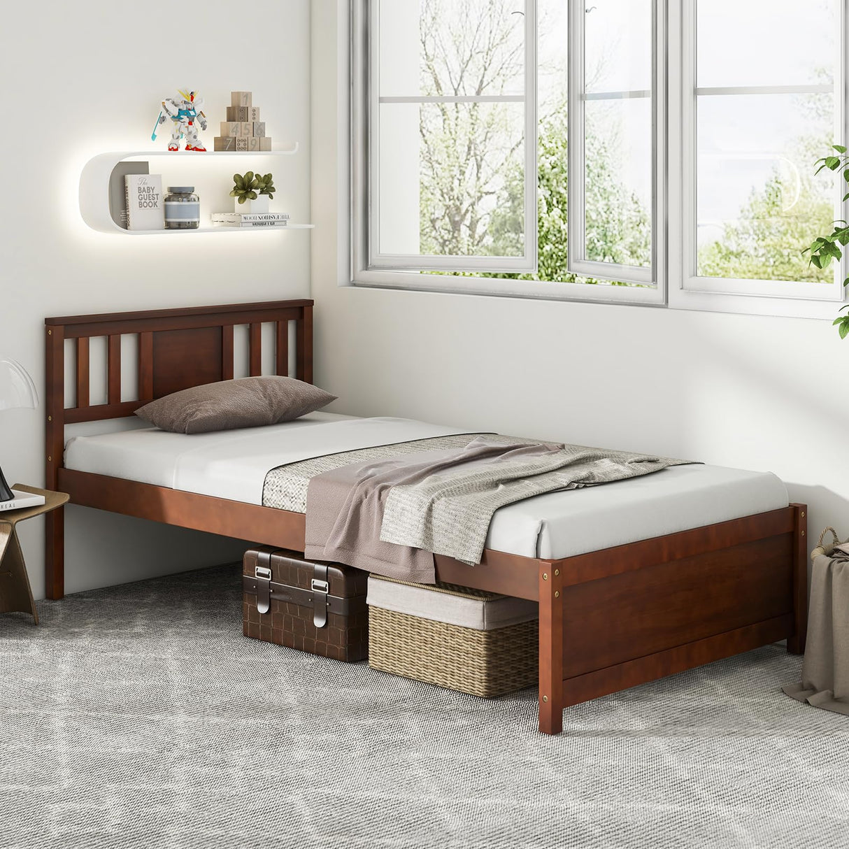 Giantex Mid Century Twin Bed Frame with Headboard in Walnut - Solid Wood Platform with Slat Support Giantex