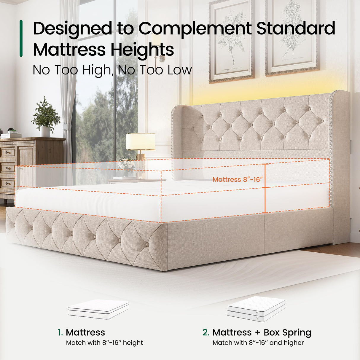 LARMACE Queen Size Bed Frame with LED Lights and 4 Storage Drawers Linen Upholstered Platform Bed Frame with Tufted Headboard Wingback, No Box Spring Needed, Easy to Assemble, Beige LARMACE