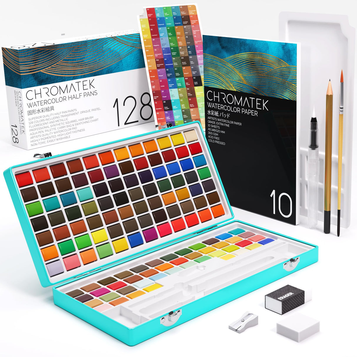 CHROMATEK Watercolor Paint Set, 128 Vivid Colors in Portable Box, With Pad, Brushes and Everything Else you Need to Start Painting, Travel Kit CHROMATEK