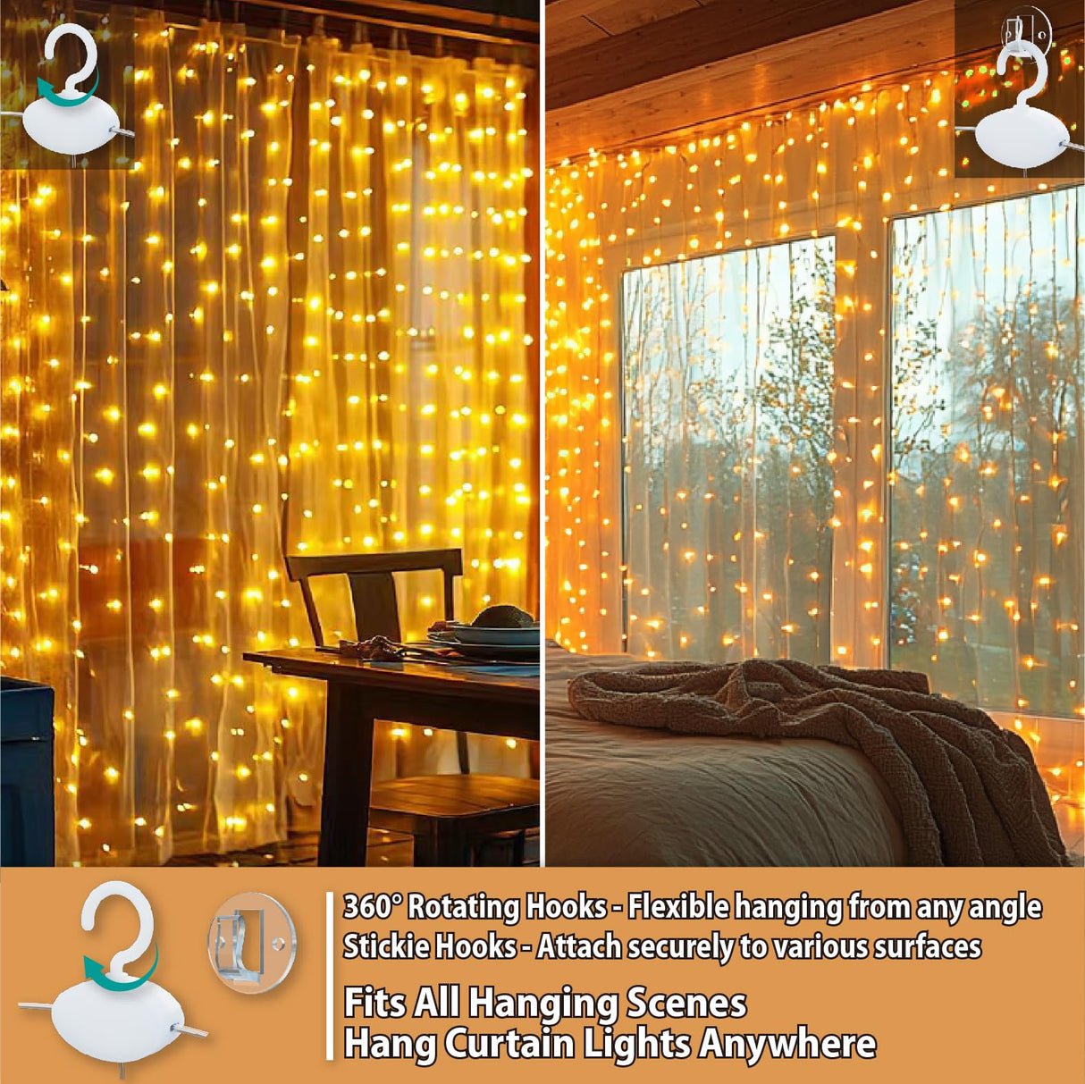 HXWEIYE 300LED Fairy Curtain Lights, 9.8x9.8Ft Warm White USB Plug in 8 Modes Christmas String Hanging Lights with Remote for Bedroom, Indoor, Outdoor, Weddings, Party HXWEIYE