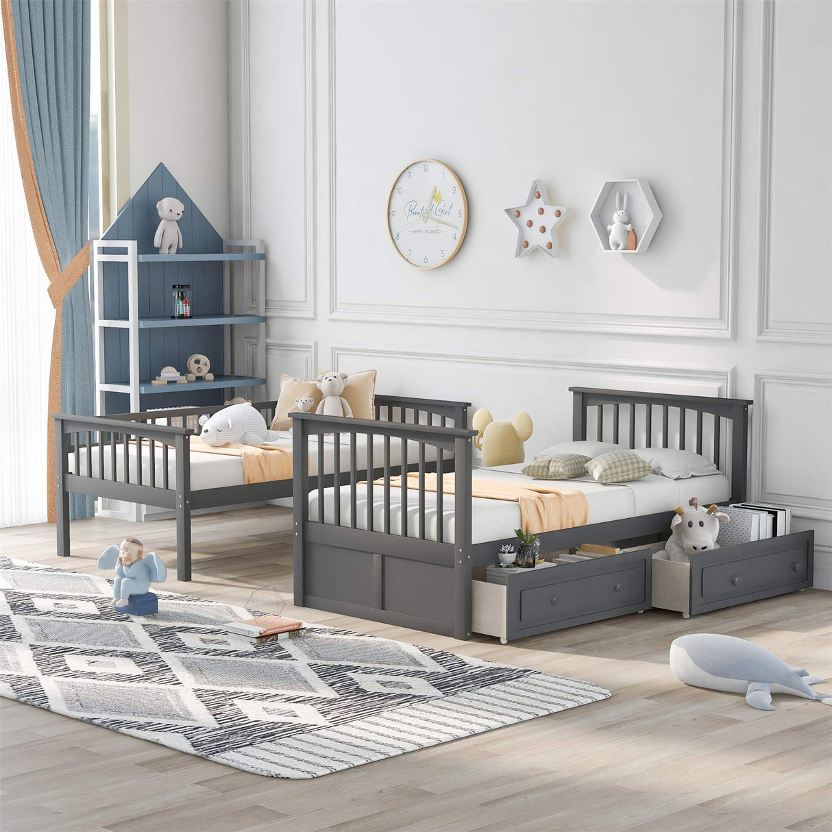 Harper & Bright Convertible Wood Twin-Over-Twin Bunk Bed with Storage Drawers and Ladder - Can Be Divided Into Two Daybeds (Grey) Harper & Bright Designs