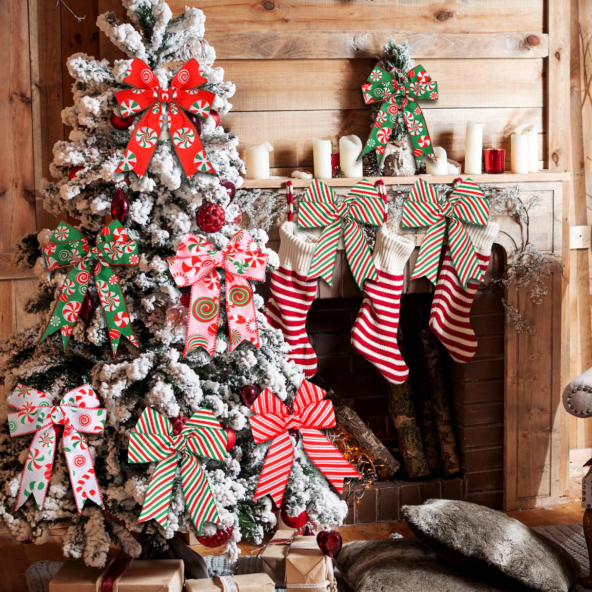 Yingzhao 6 Rolls 30 Yards Christmas Candy Peppermint Wired Edge Ribbon Christmas Candy Ribbon Burlap Ribbon Red Green Candy Cane Fabric Craft Ribbon For Christmas Tree Decoration Gift Wrapping Wreaths Yingzhao