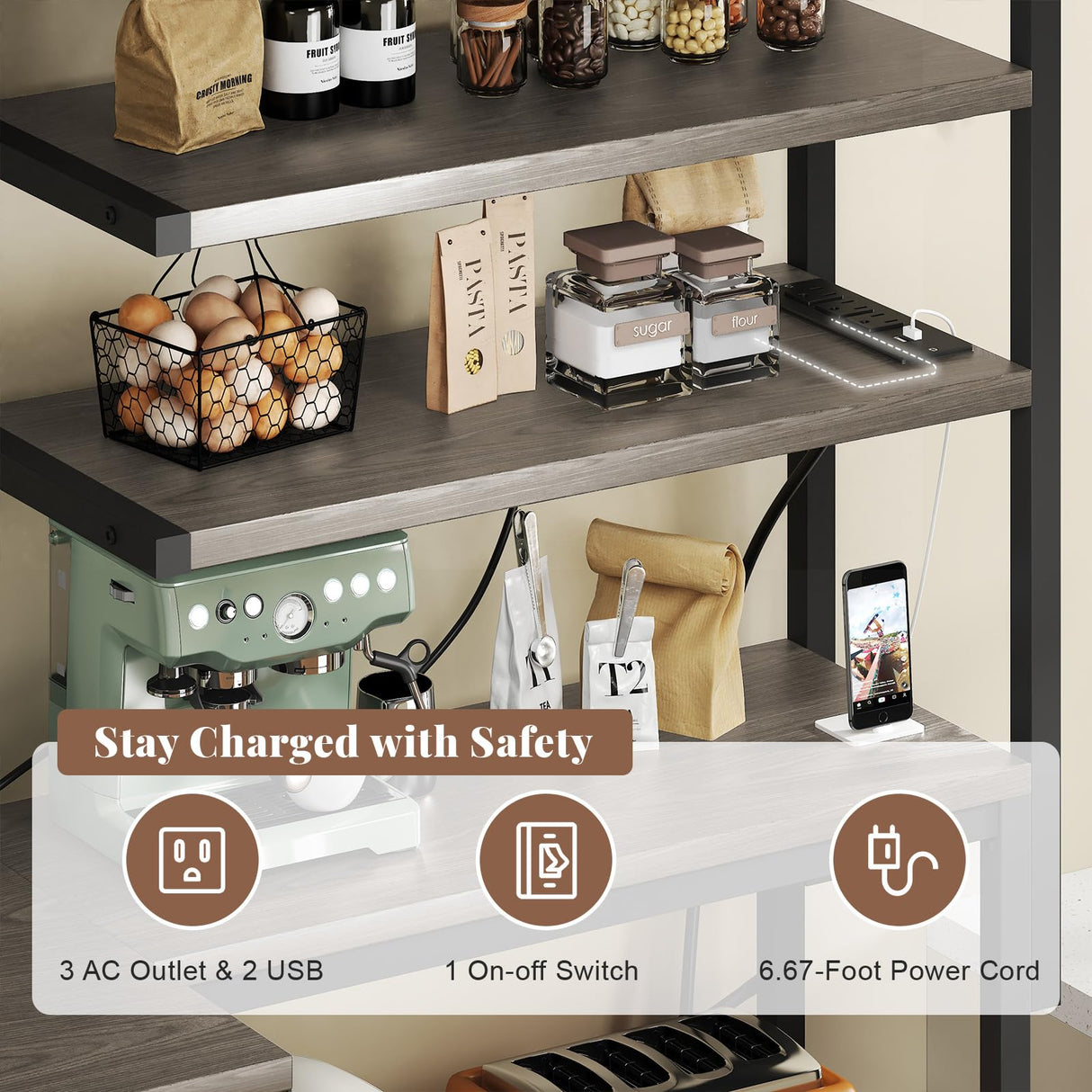 iabifo L-Shaped Bakers Rack with Power Outlet, 6-Tier Microwave Stand with Storage, Coffee Bar, Kitchen Shelf with Wire Basket, Hooks, Grey iabifo