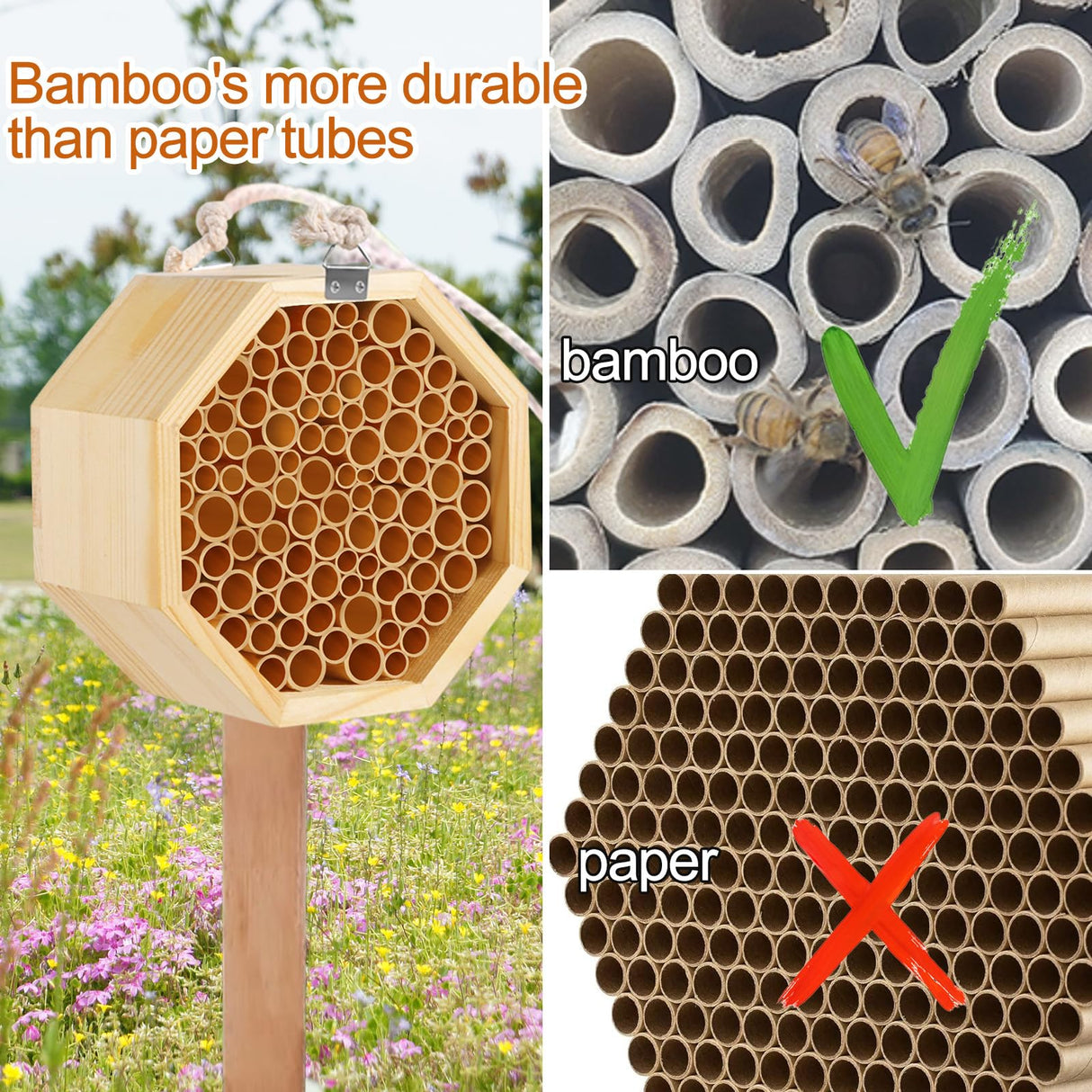 Mason Bee House - Handcrafted Natural Wooden Bee Hotel with Waterproof Wax Coating - Attracts Peaceful Pollinators, Enhances Garden Productivity NASIDE