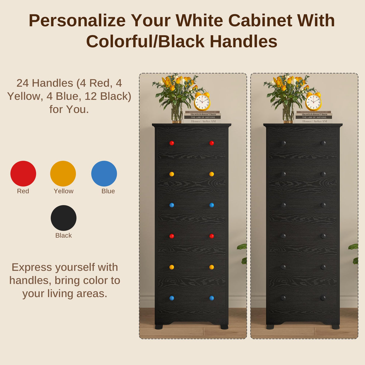 LIKIMIO Tall Skinny Dresser, 6 Drawer Dresser Tall with Colorful Handles, Chest of Drawers for Bedroom, 51.5" H Modern Wooden Storage Cabinet with Metal Sliding Rail, Black LIKIMIO