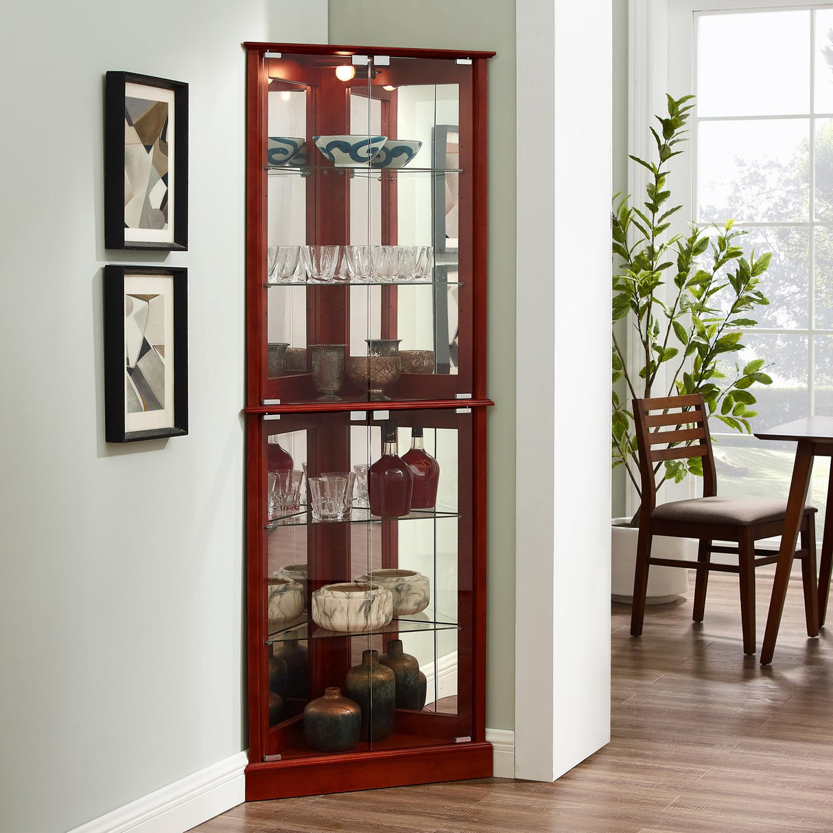 KUVADAZ Lighted Corner Curio Display Cabinet with Doors, 6 Tiers Corner Curio Cabinet with Adjustable Tempered Glass Shelves and Mirrored Back Panel, Modern Glass Display Cabinet No Bulb Cherry KUVADAZ