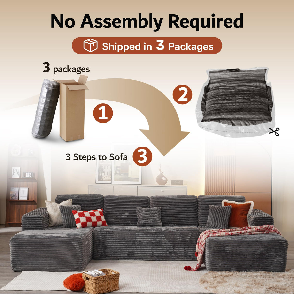 ovios Sectional Cloud Couch for Living Room, Modular Floor Sofa with Plush Corduroy, No Assembly Required, Big Comfy Couches Set with Fluffy Memory Foam, Stupendous U Shaped Sofas with Chaise, Grey ovios