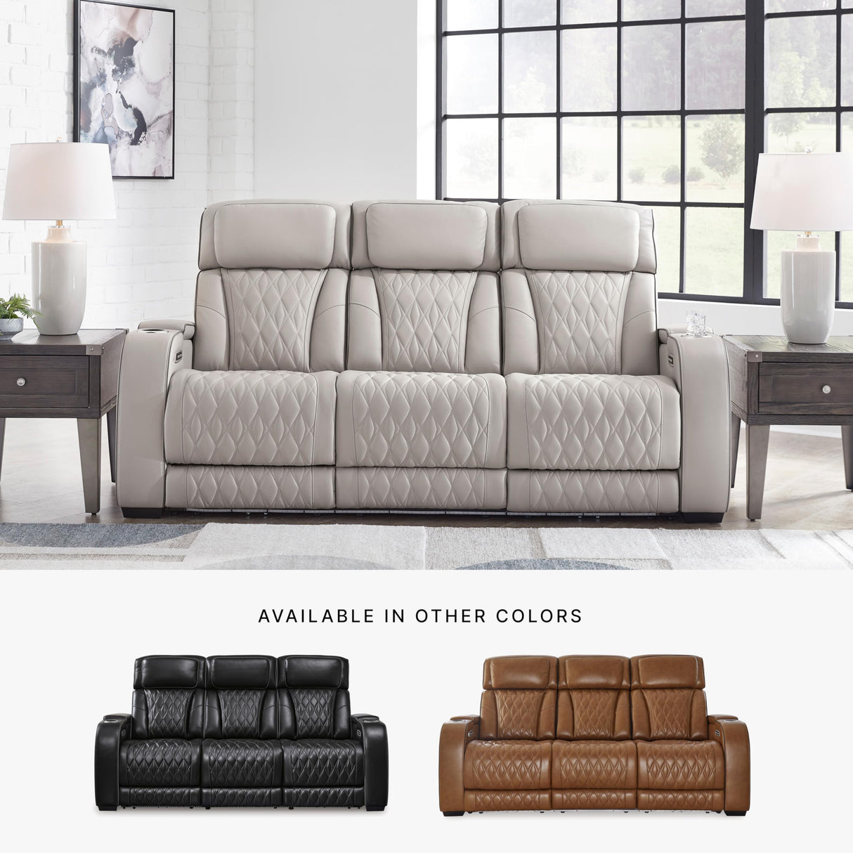 Signature Design by Ashley Boyington Contemporary Leather Match Power Reclining Sofa with USB Charging Ports, LED Lights and Adjustable Headrest, Light Gray Signature Design by Ashley