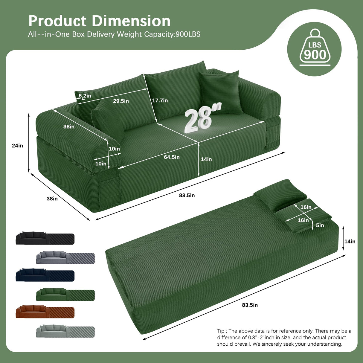 83" Modern Sofa in a Box, No Assembly Oversized 3 Seater 28" Deep Seat Cloud Sofa Bed Couch with 4 Furry Pillows & Corduroy Fabric, Boneless Couch with Side Storage Pockets for Living Room, Green Zyerch