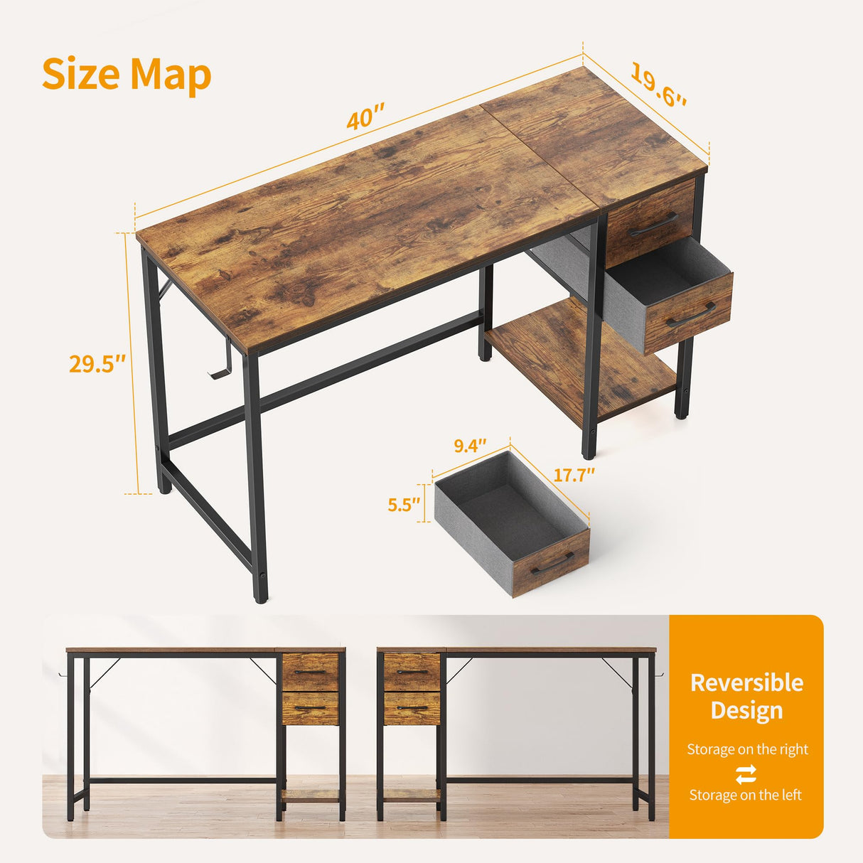 CubiCubi Computer Desk with 2 Drawers, 40 Inch Small Home Office Desk Study Writing Table, Rustic Brown CubiCubi