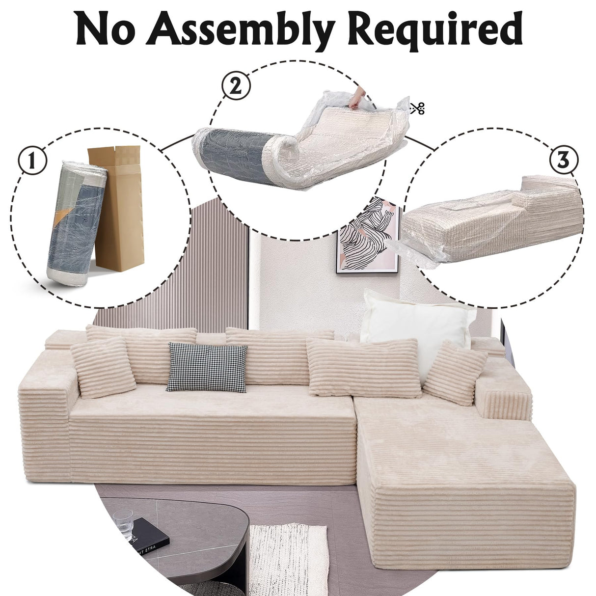 Boneless Modular Sectional Sofa, Cloud Couch with Right Facing Chaise, Oversized Deep Seat, L-Shaped, Soft Corduroy Fabric, Sectional Couch for Living Room -Beigey NMXUXMN