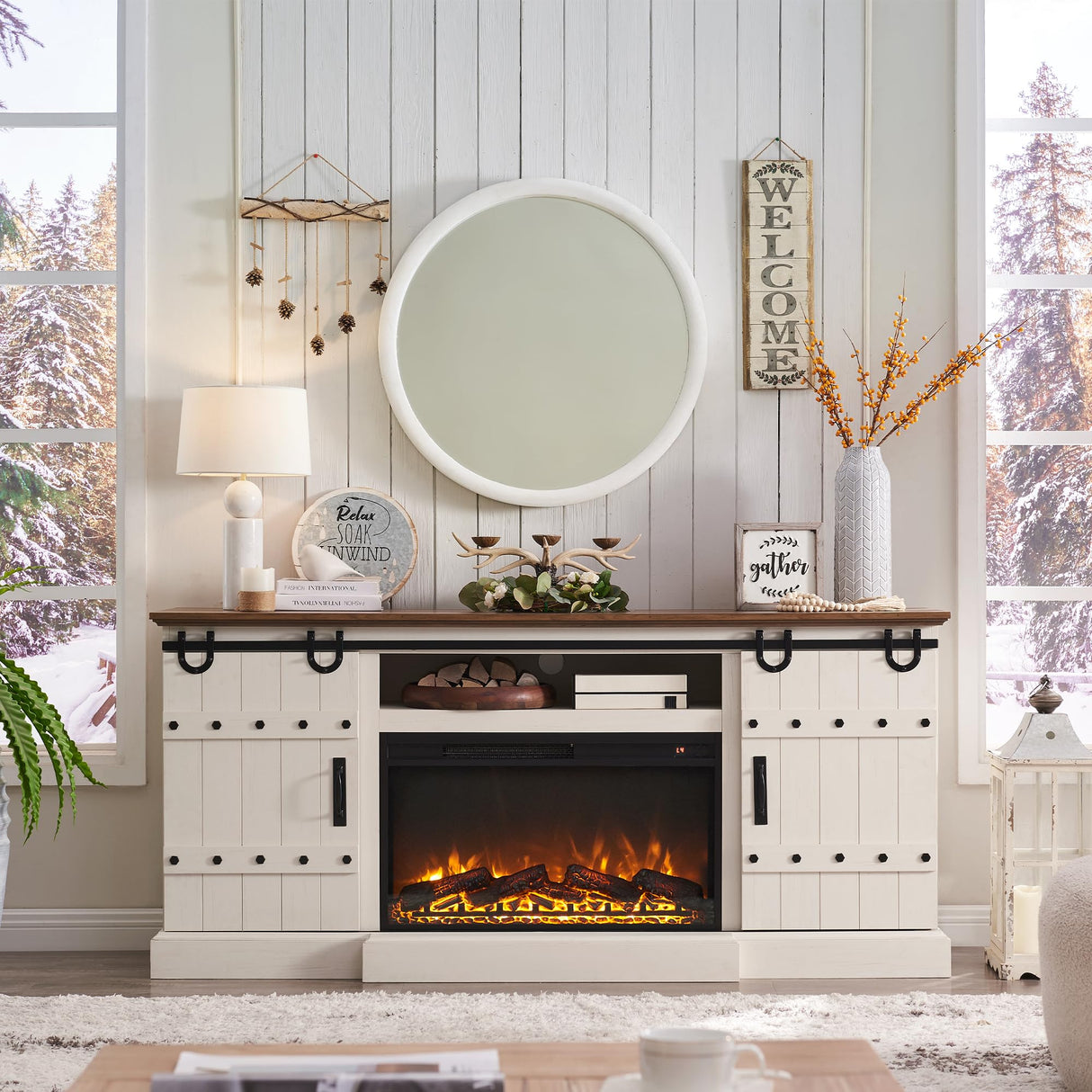 OKD 70" Fireplace TV Stand for 75+ 80 Inch TV, Farmhouse Highboy Entertainment Center with 30" Electric Fireplace & Sliding Barn Doors, Rustic Tall Media Console Cabinet for Living Room, Antique White OKD