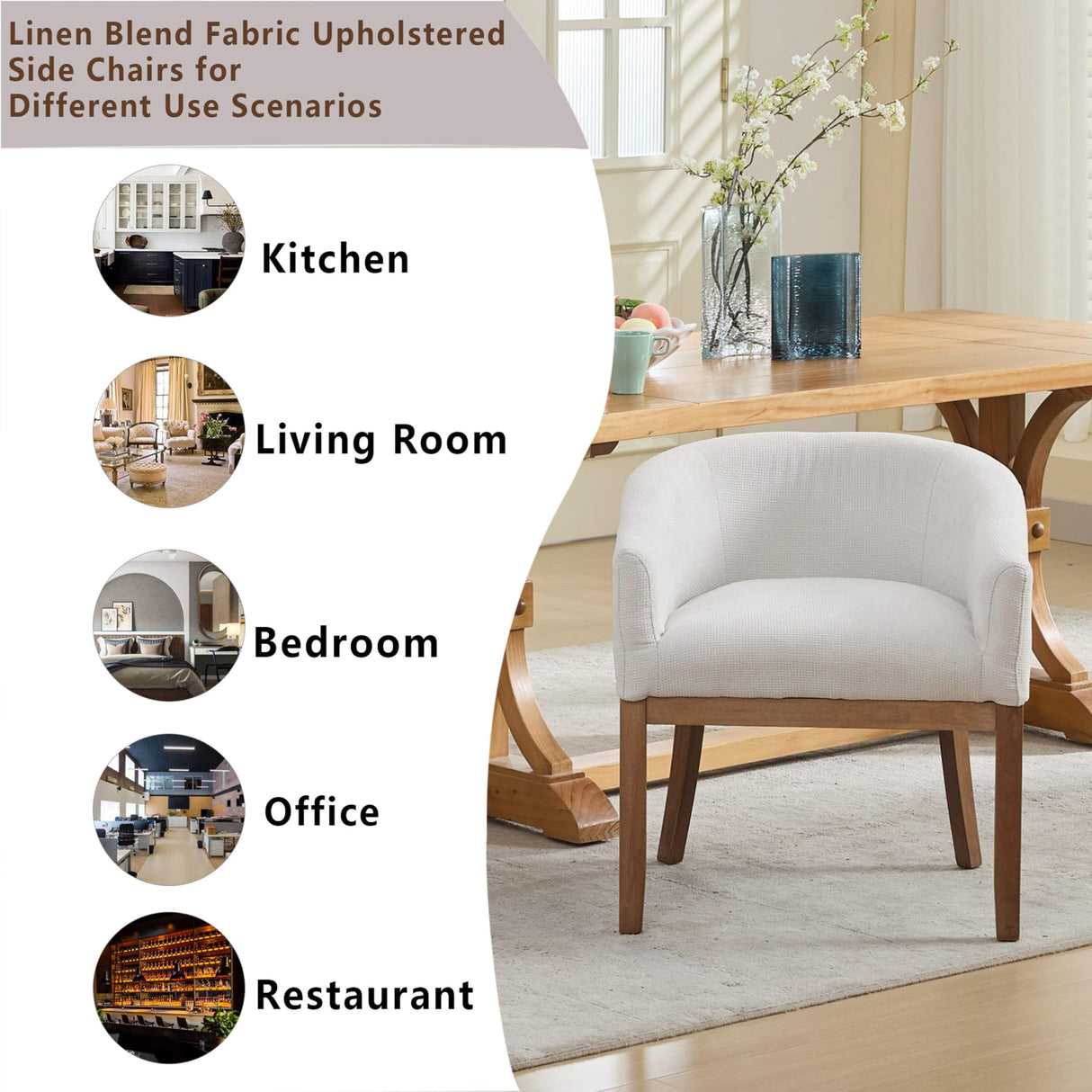 OIKIIWOO Upholstered Solid Wood Dining Chairs Set of 2,Neutral Linen Fabric Side Chair for Kitchen,Living Room,Farmhouse Round Barrel Chairs,Minimalist Accent Chairs Natural Wood Frame OIKIIWOO