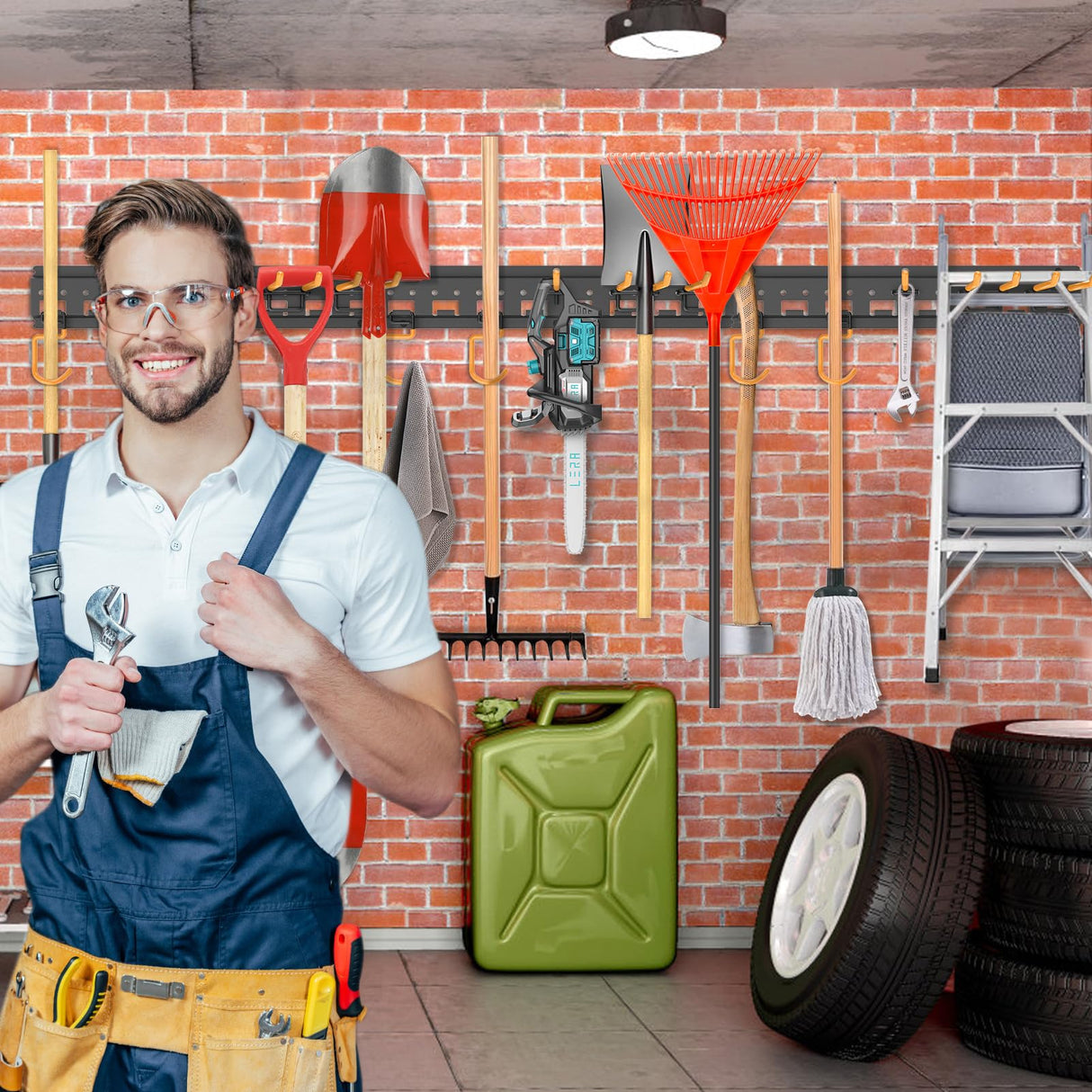 Unaikoo Garage Tool Organizer Wall Mount - Heavy Duty Garage Storage and Organization Garden Tool Organizer with Adjustable Pegboard Hooks Yard Shed Rack for Broom Mop Shovels Rake Trimmers, 48 inch Unaikoo