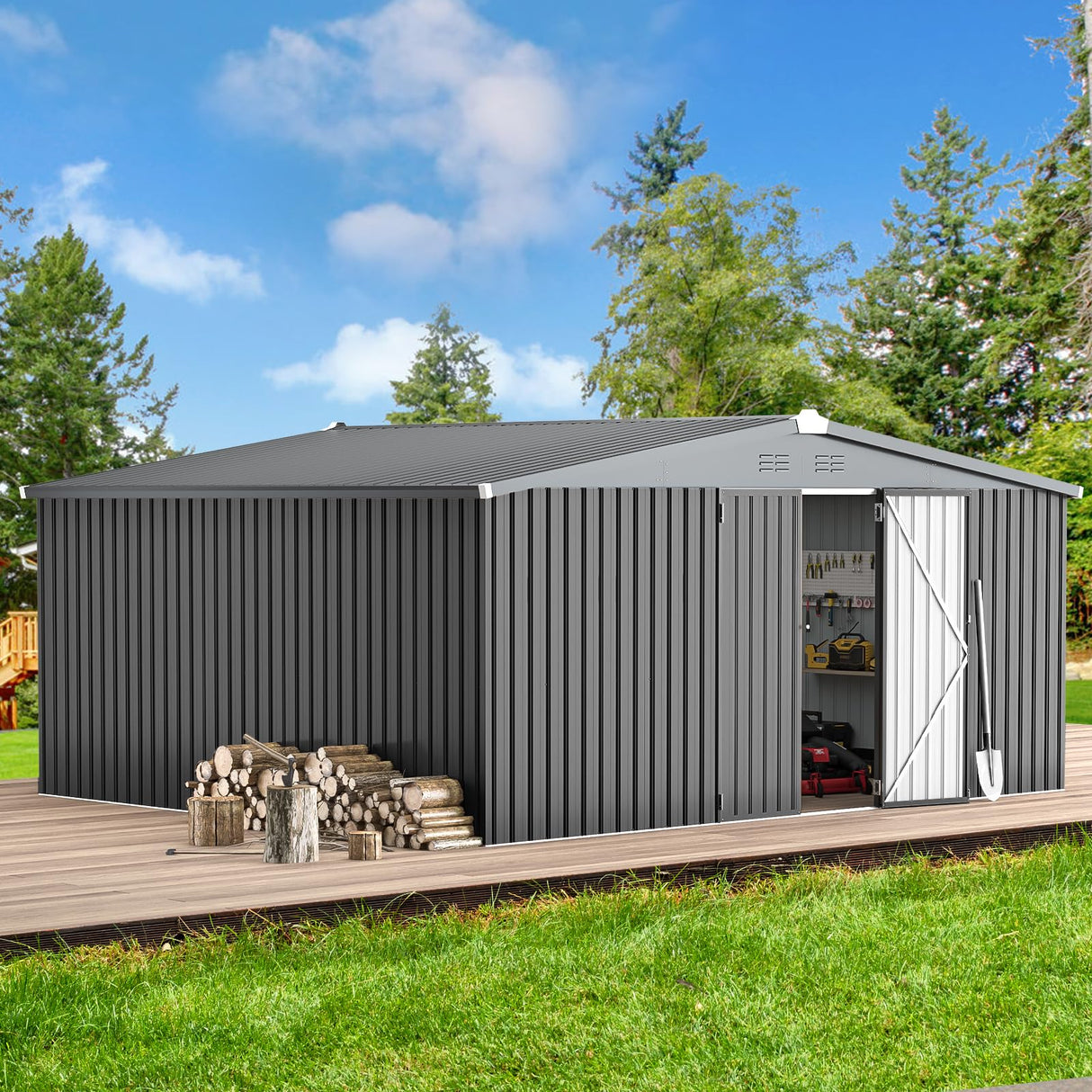 AECOJOY Shed 14' x 12' Storage Shed, Outdoor Metal Storage Sheds & Outdoor Storage 12x14 with Lockable Doors, Large Steel Yard Shed, Utility Tool Storage for Garden, Patio, Outside use in Dark Grey AECOJOY