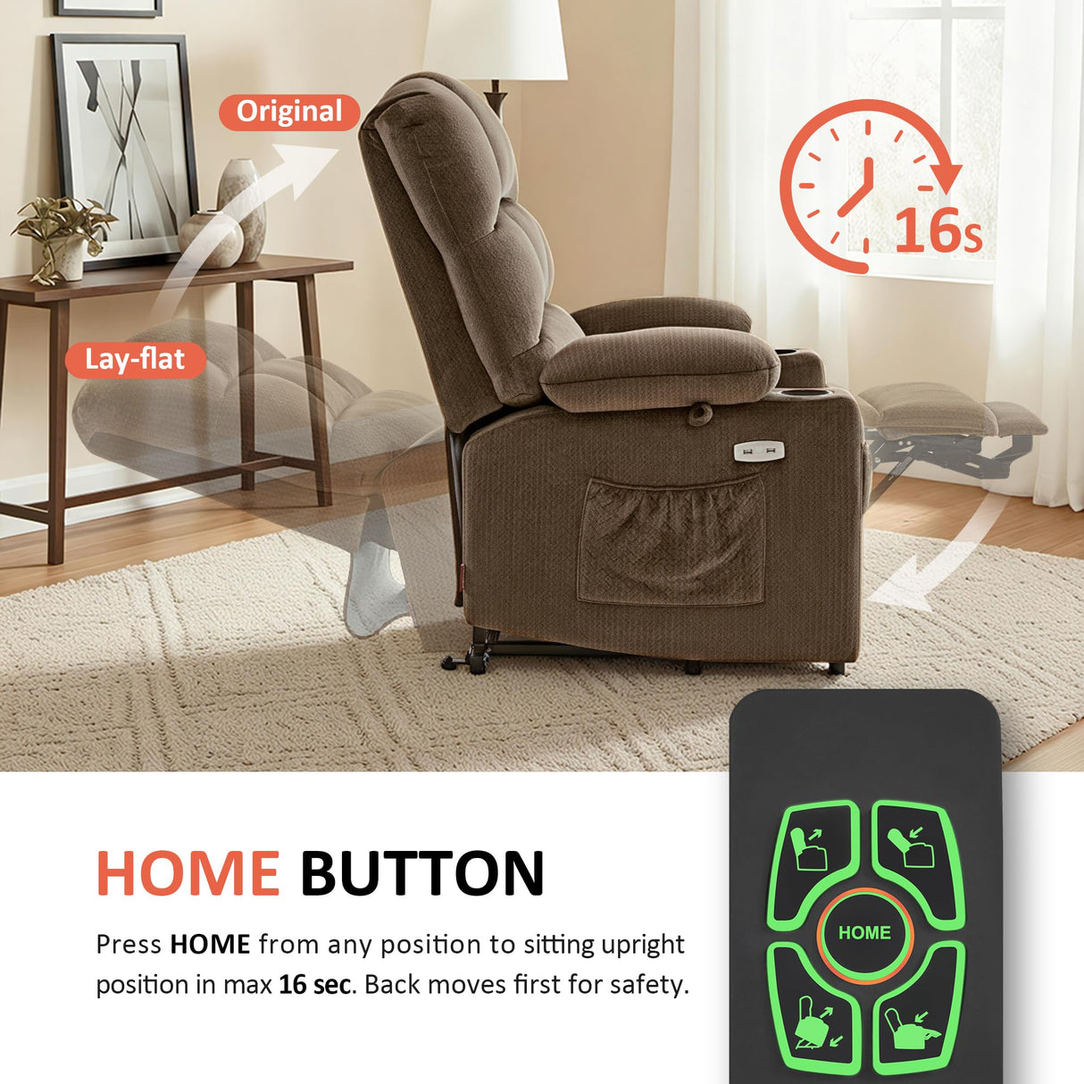 MCombo Dual Motor Power Lift Recliner Chair with Massage and Heat for Elderly People, Infinite Position, USB Ports, Cup Holders, Fabric 7679 (Medium, Brown) MCombo