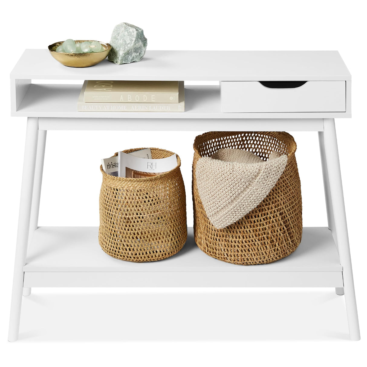 Best Choice Products Mid-Century Modern Console Table, Sofa Table, Accent Furniture for Hallway, Living Room, Entryway Foyer Space-Saving w/Cubby, Drawer, Lower Storage Shelf - White Best Choice Products