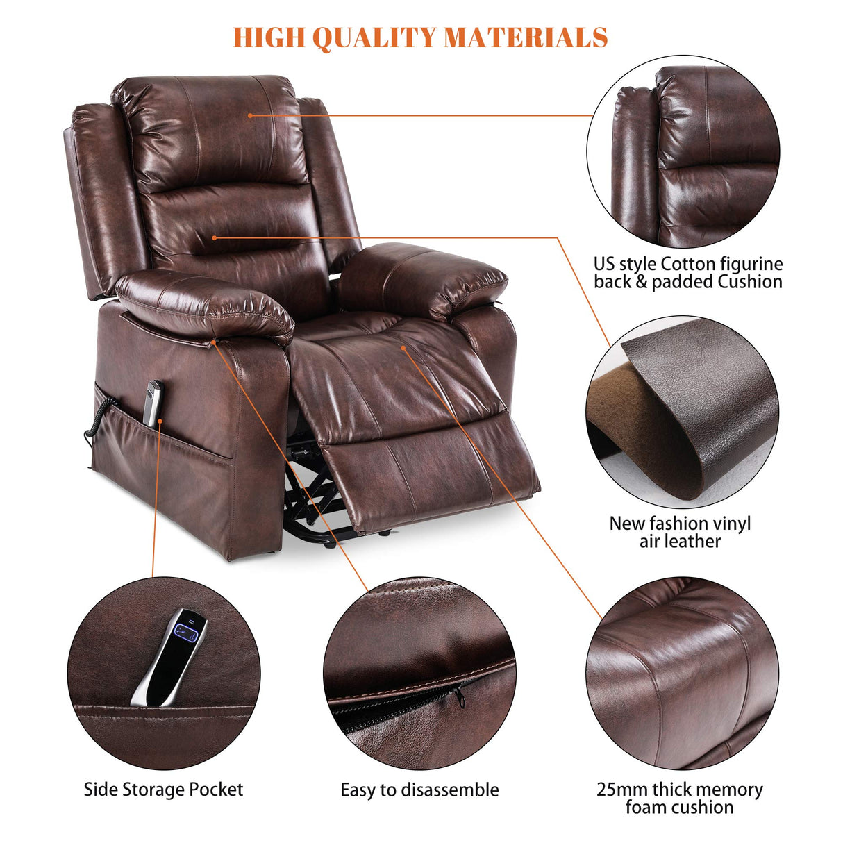 S*MAX Lift Chairs Recliners for Elderly Power Recliner Chairs Full Air Leather Electric Recliner Chairs Side Pockets USB Charge Port and Remote Control Power Lift Recliners Brown S*MAX