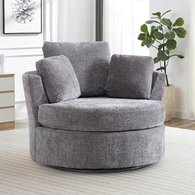 Deolme 42" W Modern Grey Swivel Barrel Chair with 360° Round Metal Base & Soft Chenille Pillows & Thick Cushion, Comfy Oversized Chaise Longue Indoor Living Room, Bedroom Club Reading Armchair (Gray)