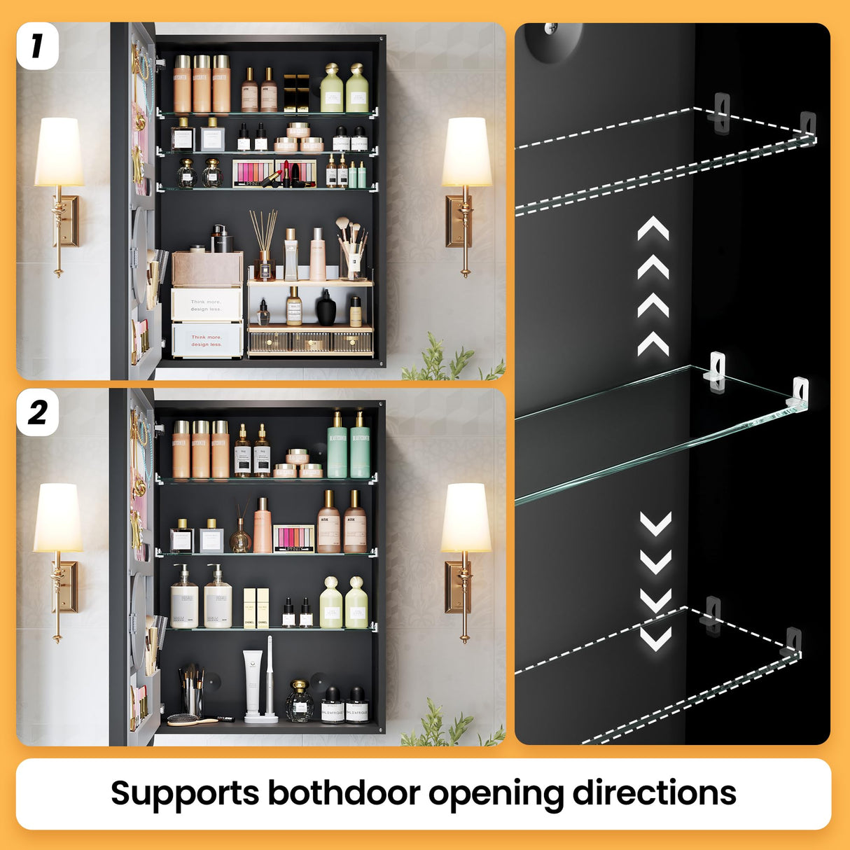 Black Medicine Cabinets for Bathroom with Mirror:20x26 Inch Small Mirrored Vanity Storage with Adjustable Shelves-Surface or Recessed Wall Mount-Matte Black Frame MemoCastle