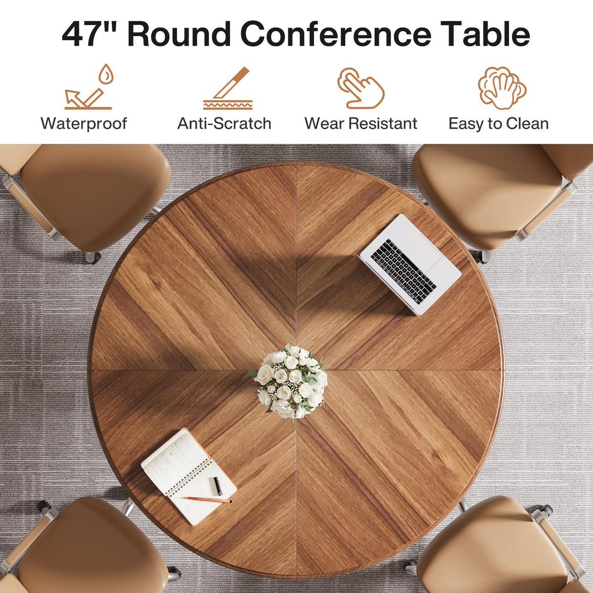 Tribesigns Round Conference Table, 47" Small Meeting Table with Wooden Texture Surface, Circle Business Seminar Table, Breakroom Table, Reception Negotiation for Office (Brown) Tribesigns