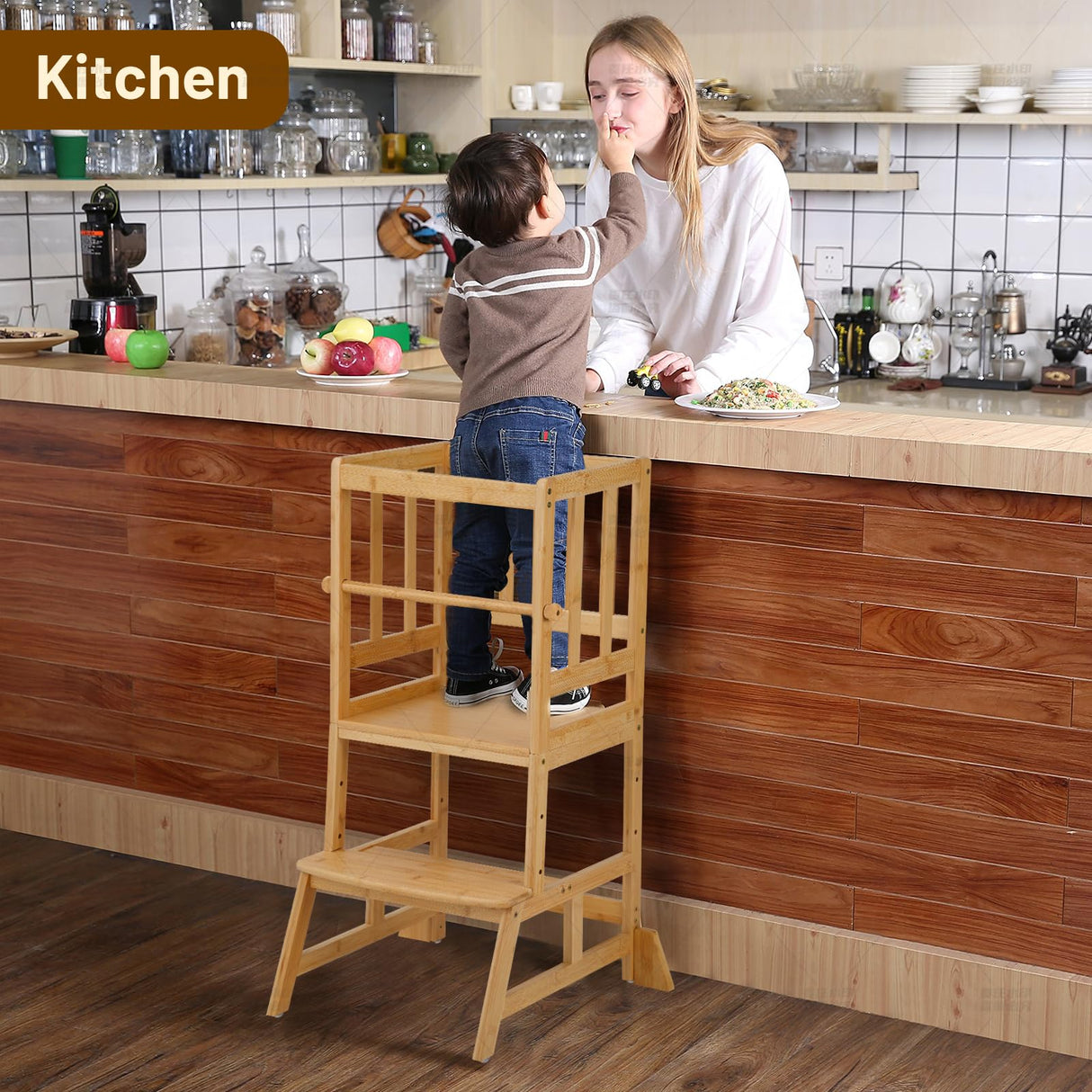 COSYLAND Toddler Standing Tower - Adjustable Height Toddler Kitchen Stool Helper - Kids Kitchen Step Stool for Learning with Removable Safety Railing Natural COSYLAND