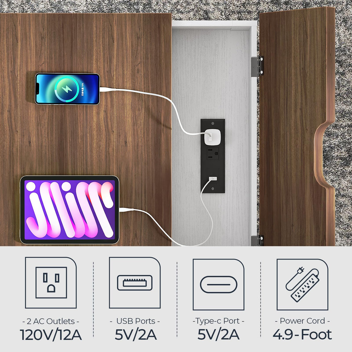 HOOBRO Farmhouse End Table with Charging Station, 23.6" Large End Tables for Living Room, Sofa Side Table with Barn Door, Wooden Square Nightstand Bedside Table, Flip Top, White and Walnut WH601UBZ01 HOOBRO