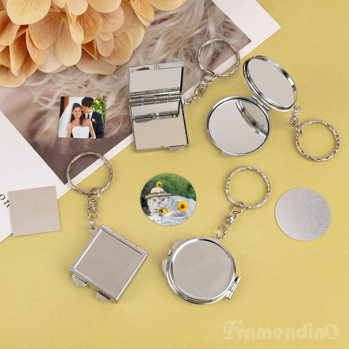 Framendino, 6 Pack Sublimation Compact Mirror Blanks Pocket Folding Mirror Keychain Double Sided for Purse Square Round Framendino