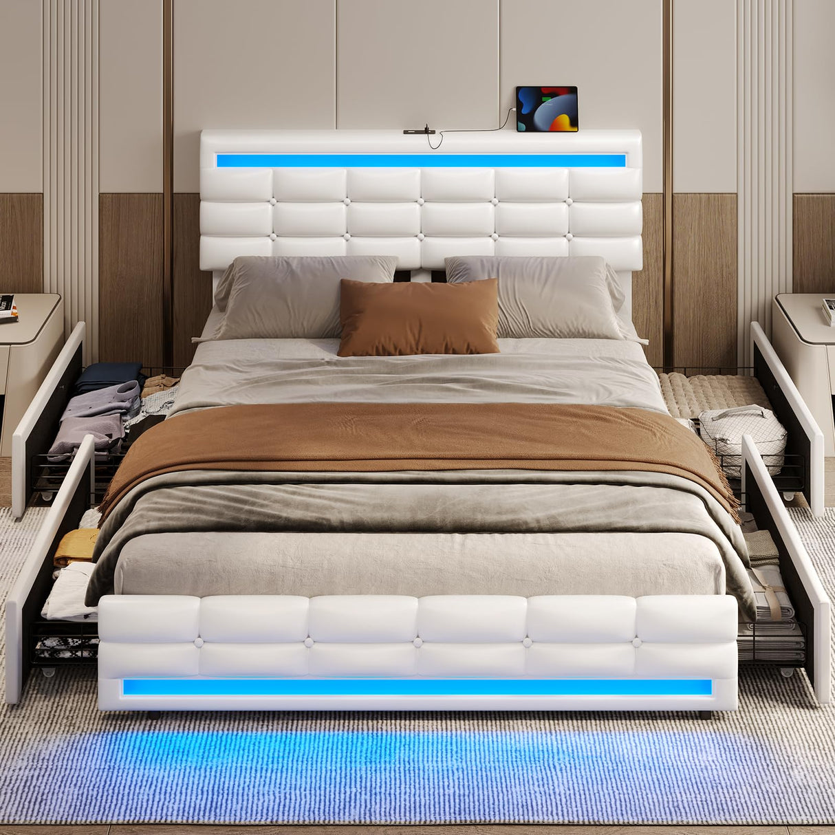 ADORNEVE Full Size LED Bed Frame with 4 Storage Drawers, Pu Leather Upholstered Platform Bed Full with Charging Station & LED Lights, Square Stitched Button Tufted Design, No Box Spring Needed, White ADORNEVE