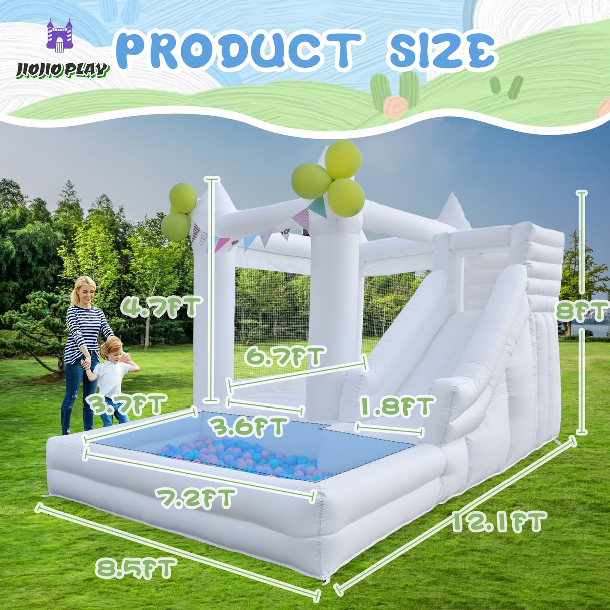 12 FT Oxford White Inflatable Bounce House, Bounce House With Ball Pit, Bounce House With Slide, Indoor And Outdoor Large Inflatable Castles Bounce House for Kids 3-12 Holiday Decoration Wedding Party JIO JIO PLAY