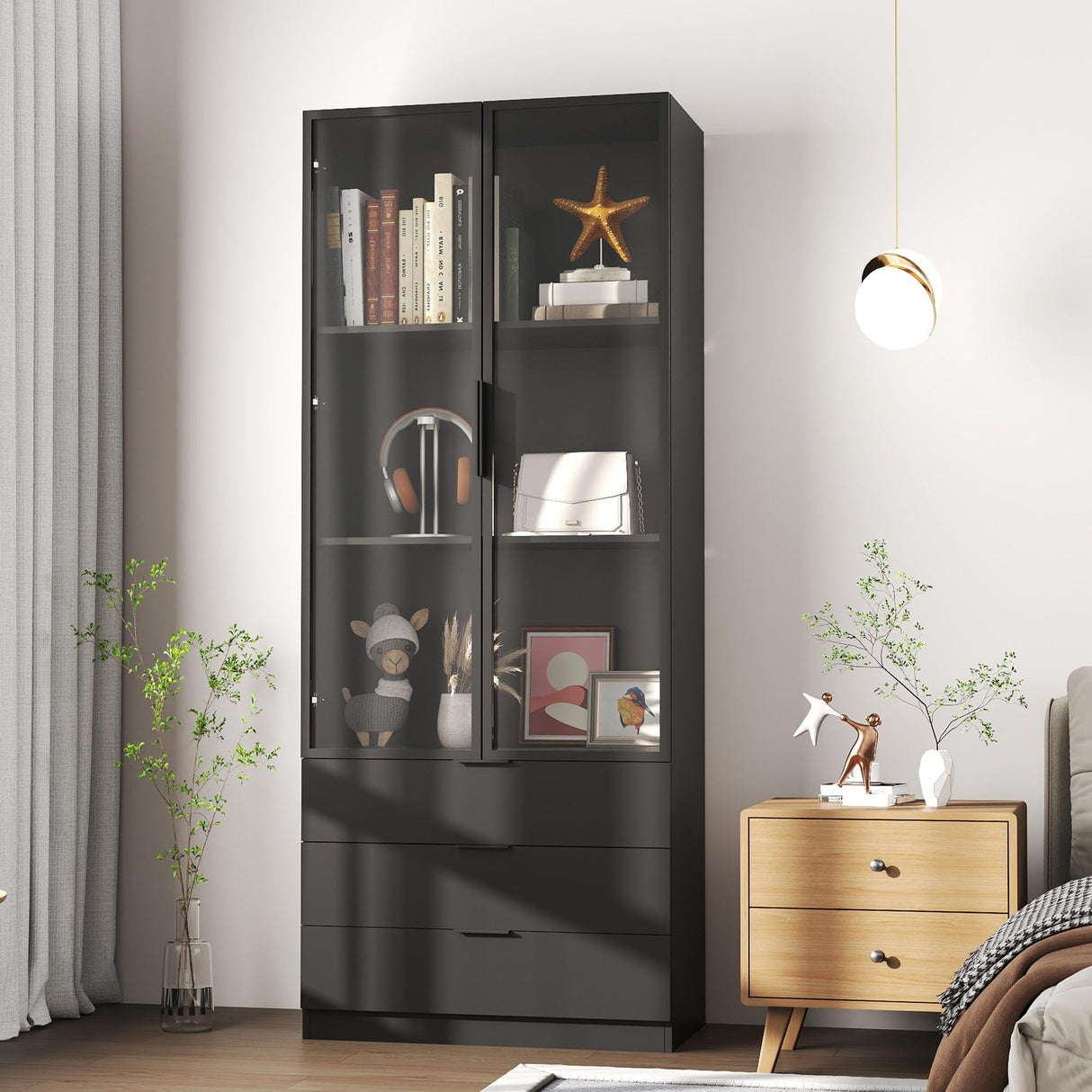 Mhsatyrs Display Cabinet with Glass Doors: 79" Black Tall Bookcase with Cabinet with 2 Doors and 3 Color Lights,Curio Bookshelf with Glass Door and 3 Drawers(Black) Mhsatyrs