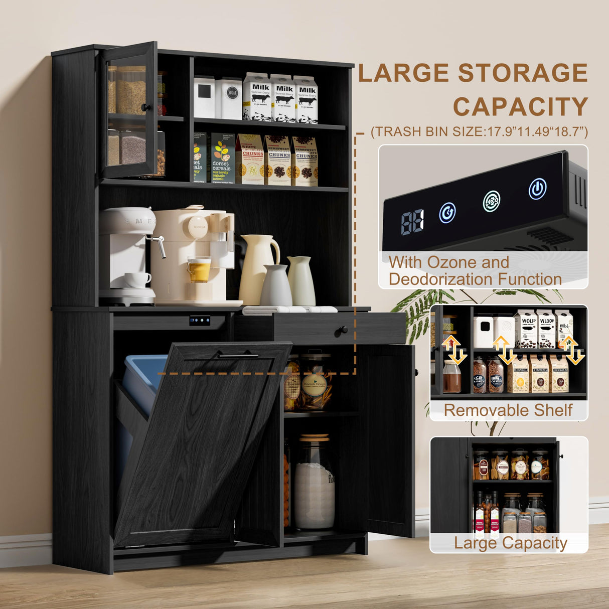 OLD CAPTAIN Tilt Out Trash Cabinet with Deodorising Function, Kitchen Hutch with Microwave Shelf and Drawer, Kitchen Pantry with Trash Cabinet for 10 Gallons, Black OLD CAPTAIN