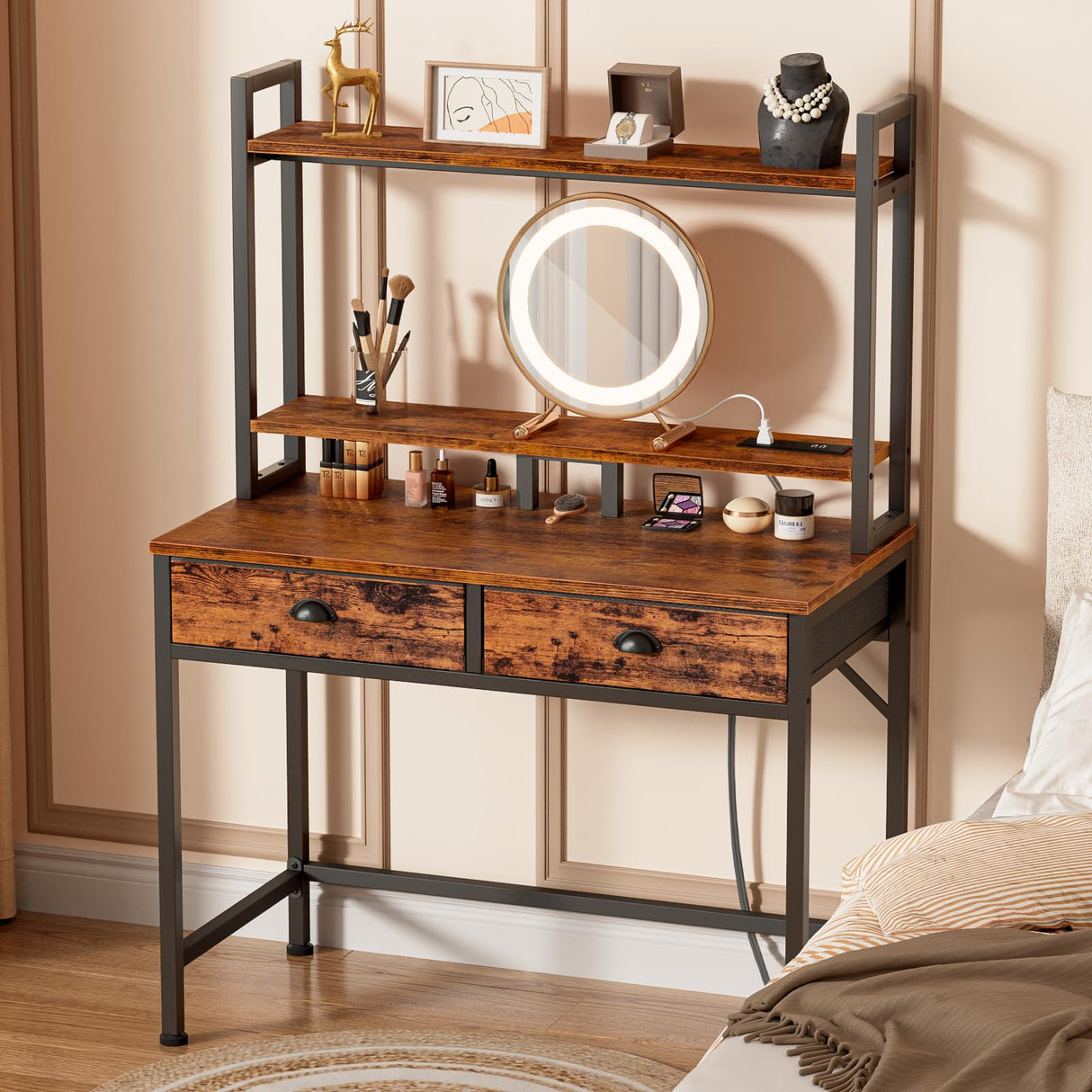 Furologee Small Computer Desk with Power Outlet and 2 Fabric Drawers, Gaming Desk with Light, Home Office Desk with Monitor Stand and Hutch for Small Space Working, Study Table with Shelf Rustic Brown Furologee