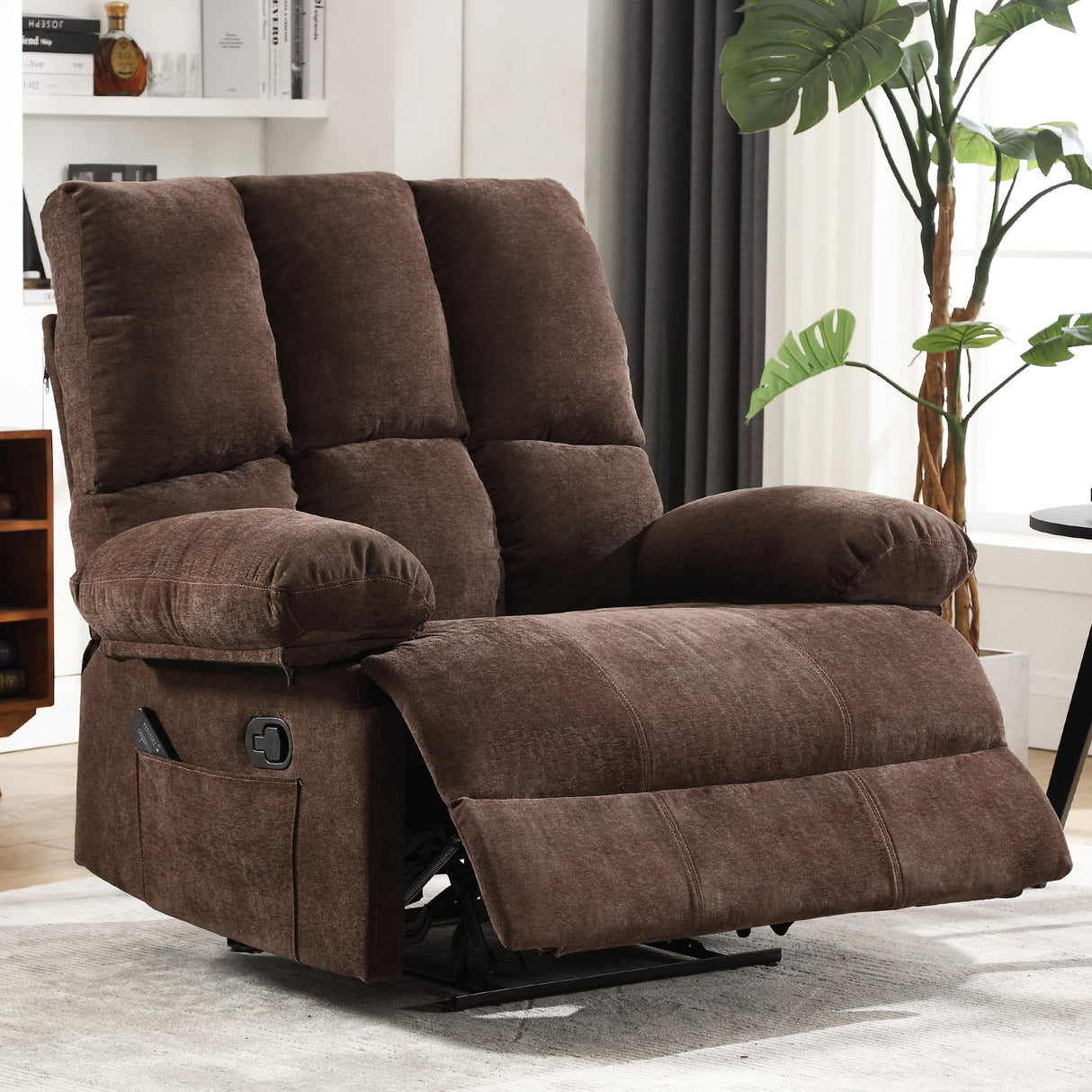 HOMYEDAMIC Oversized Recliner Chair 350 lb Weight Capacity, Plus Size 28 inch Large Wide Seat Manual Comfortable Fabric Recliner for Adults Living Room with Pockets Massage Pillow (6008-Brown5) HOMYEDAMIC