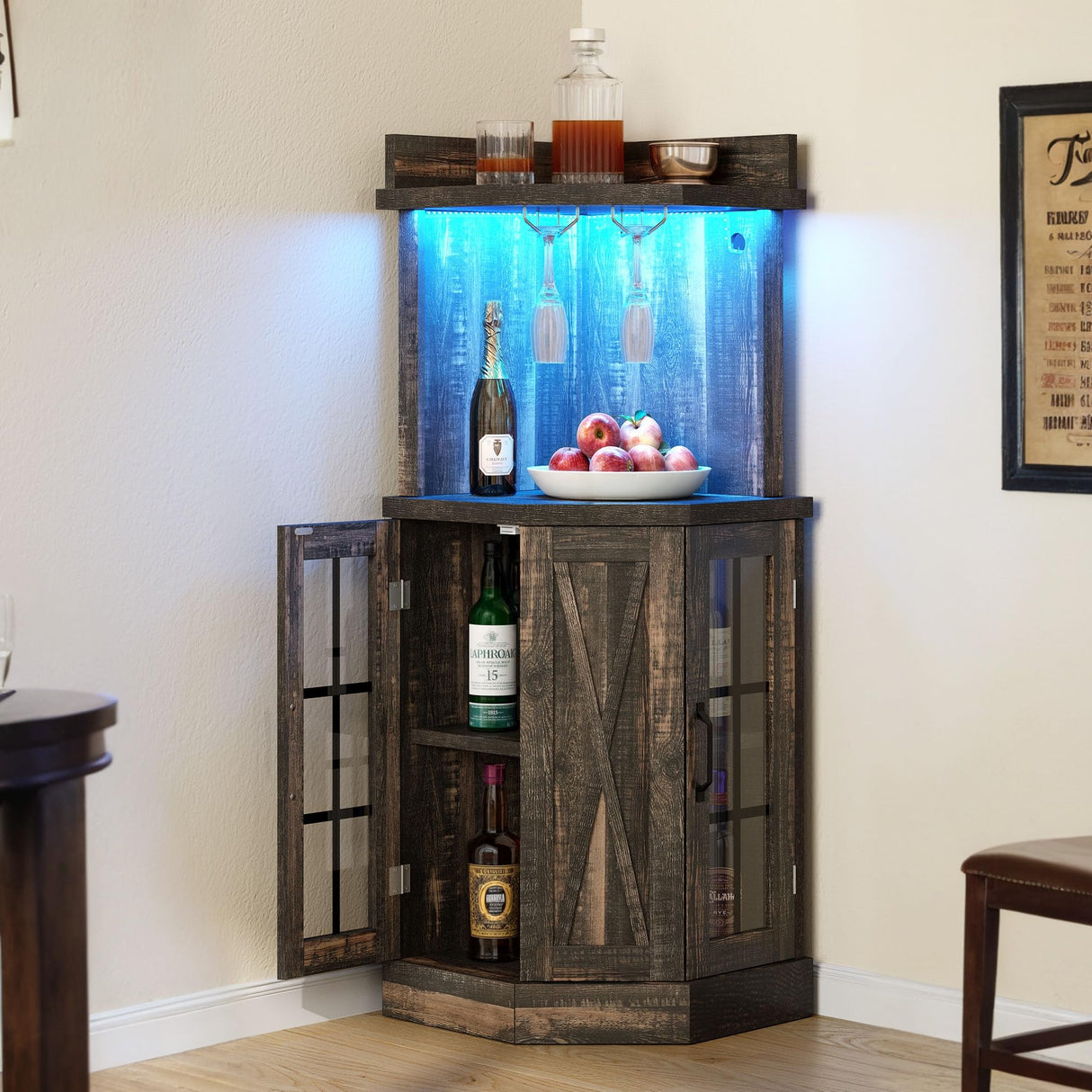 YITAHOME 53" Farmhouse Corner Wine Bar Cabinet 4-Tiers Liquor Cabinets with LED Lights and Glass Door and Glass Holder for Home Kitchen and Living Room, Dark Rustic Oak YITAHOME