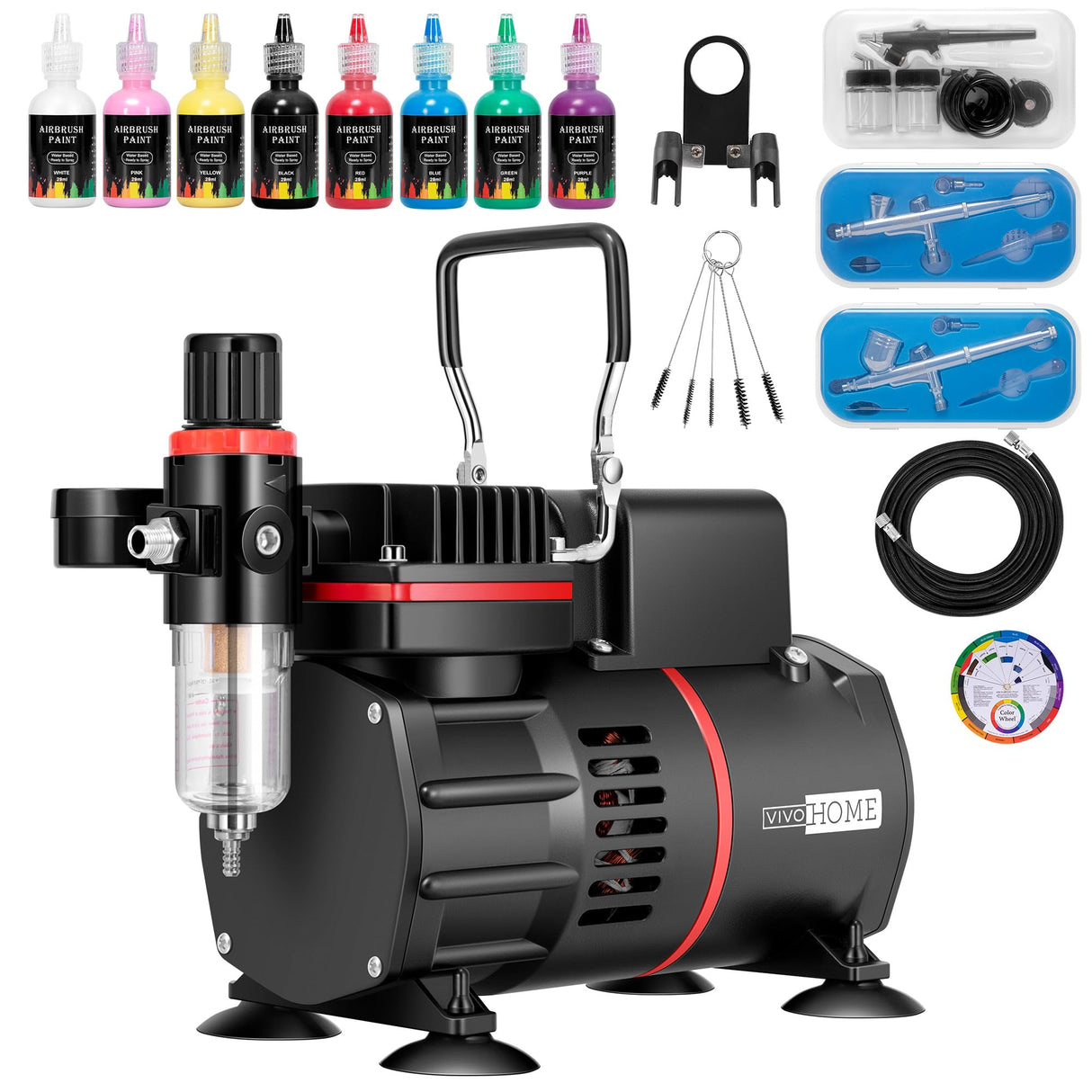 VIVOHOME Airbrush Kit with Dual Fan Air Compressor and 3 Dual Action Airbrush Gun, Gravity and Siphon Feed, Quiet Air Brush Set with 8 Primary Opaque Colors, Cleaning Brush, 2 Cup VIVOHOME