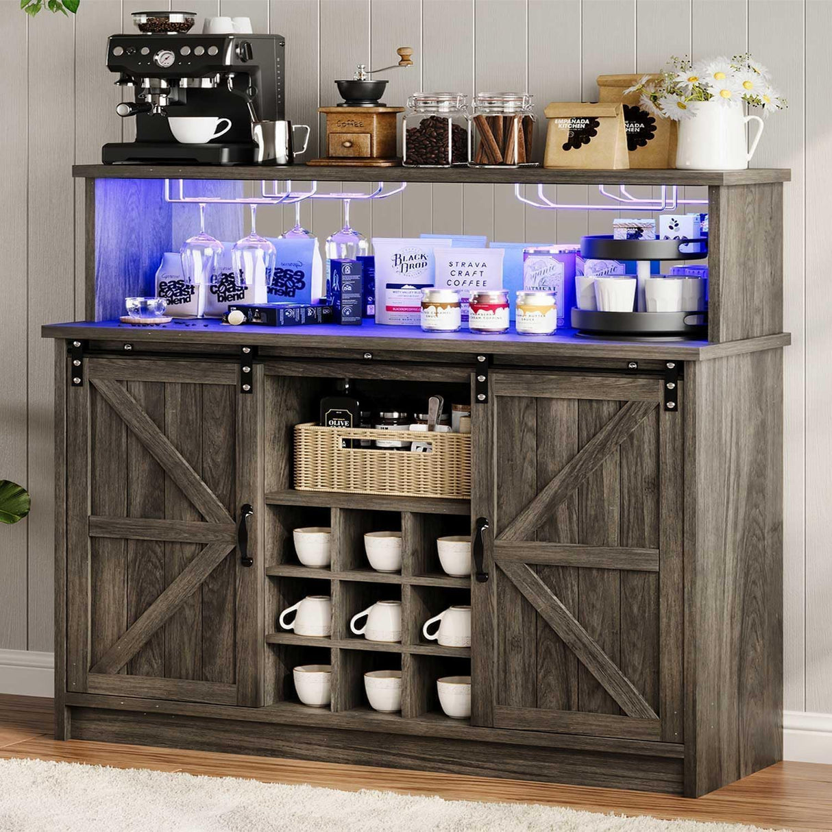 4ever2buy Farmhouse Coffee Bar with LED Lights, 47 inch Coffee Bar Cabinet with Storage, Wine Bar Cabinet with Glass & Wine Racks for Living, Dining Room, Grey 4ever2buy