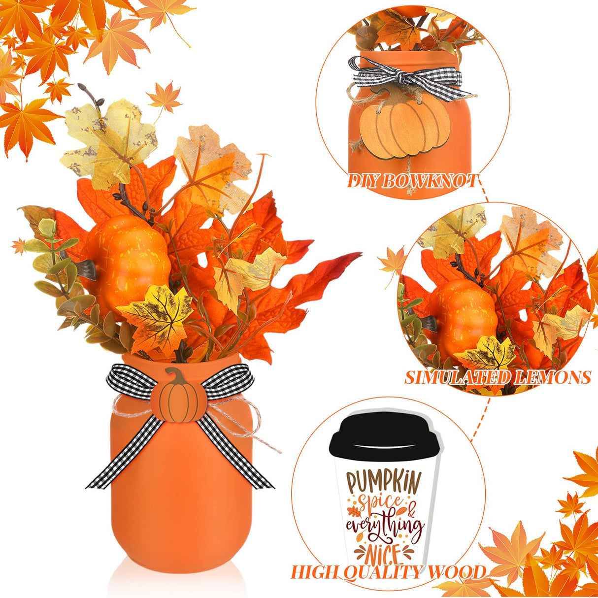Jexine 18 Pcs Fall Thanksgiving Tables Centerpieces Pumpkin Maple Mason Jars Centerpieces for Table Decorations with Wood Signs Rope Farmhouse Fall Decor for Home Indoor Autumn Kitchen Dining Room Jexine