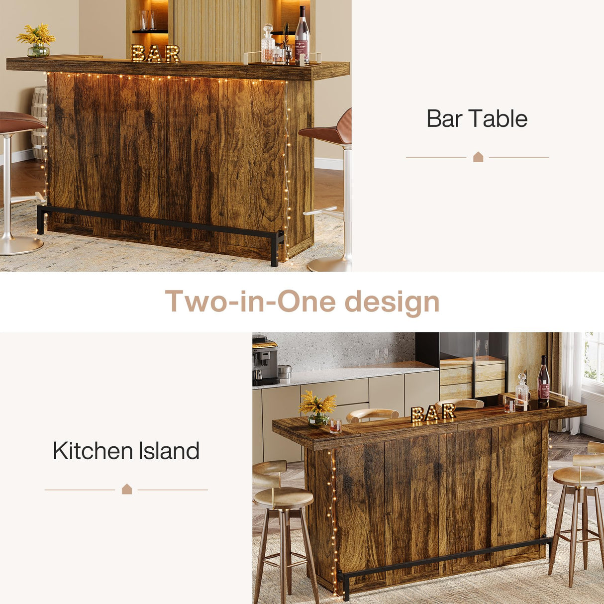 Tribesigns 4-Tier Bar Table, 70.9-Inch Large Wood Home Bar Unit with Wine Glass Holder and Black Footrest, Pub Table with Storage Shelves for Kitchen, Indoor, Brown Tribesigns