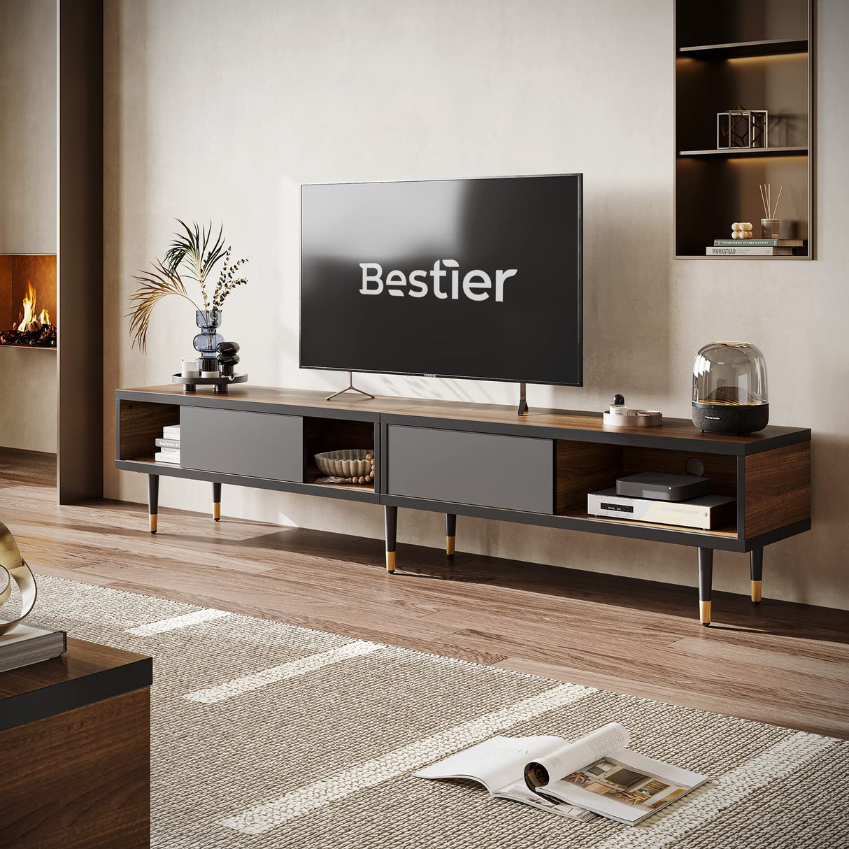 Bestier Mid Century Modern TV Stand for 85 inch tv, Entertainment Center with Storage and Sliding Doors, 2 in 1 Long TV Cabinet for Living Room, Ancona Walnut Bestier