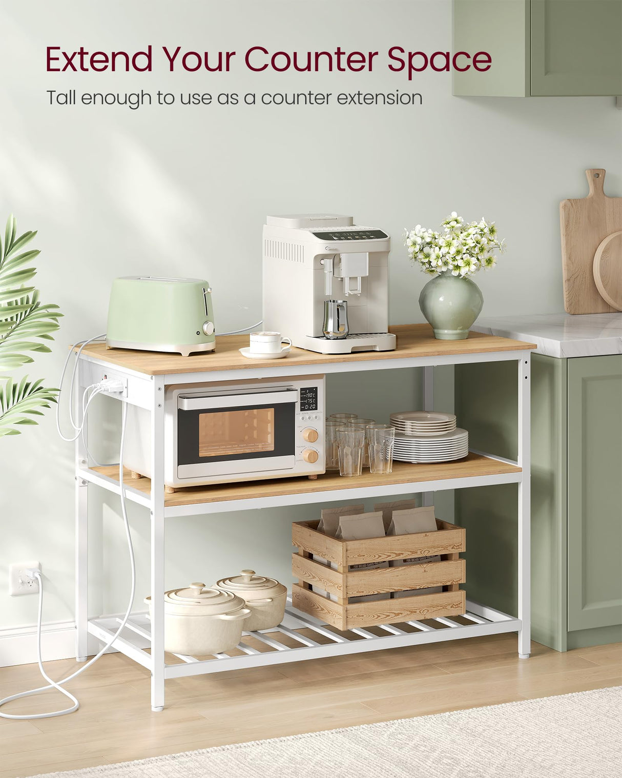 VASAGLE Kitchen Island with 3 Shelves, 47.2 Inches Width Kitchen Shelf with Power Strip, Large Worktop, Stable Steel Structure, Industrial, Easy to Assemble, Golden Oak and White UKKI101Y01 VASAGLE