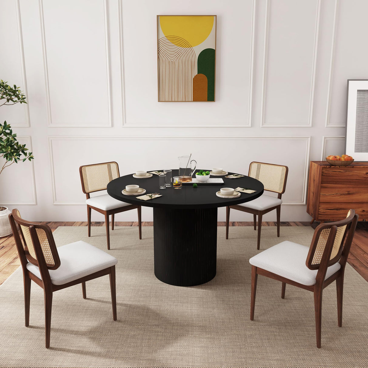 47 Inch Round Dining Table, Farmhouse Fluted Dining Kitchen Table, Modern Wood Small Circle Dining Table for Kitchen Living Room, Black PHOYAL