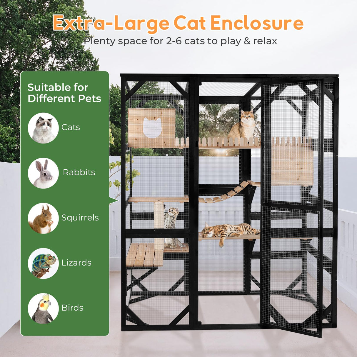 Nicedday Large Cat Catio Outdoor Window Enclosure 73" Wooden Cat House Attached to Window Catio for Cats Walk in Kitty Kennel with Large Enter Door 2 Napping Houses nicedday